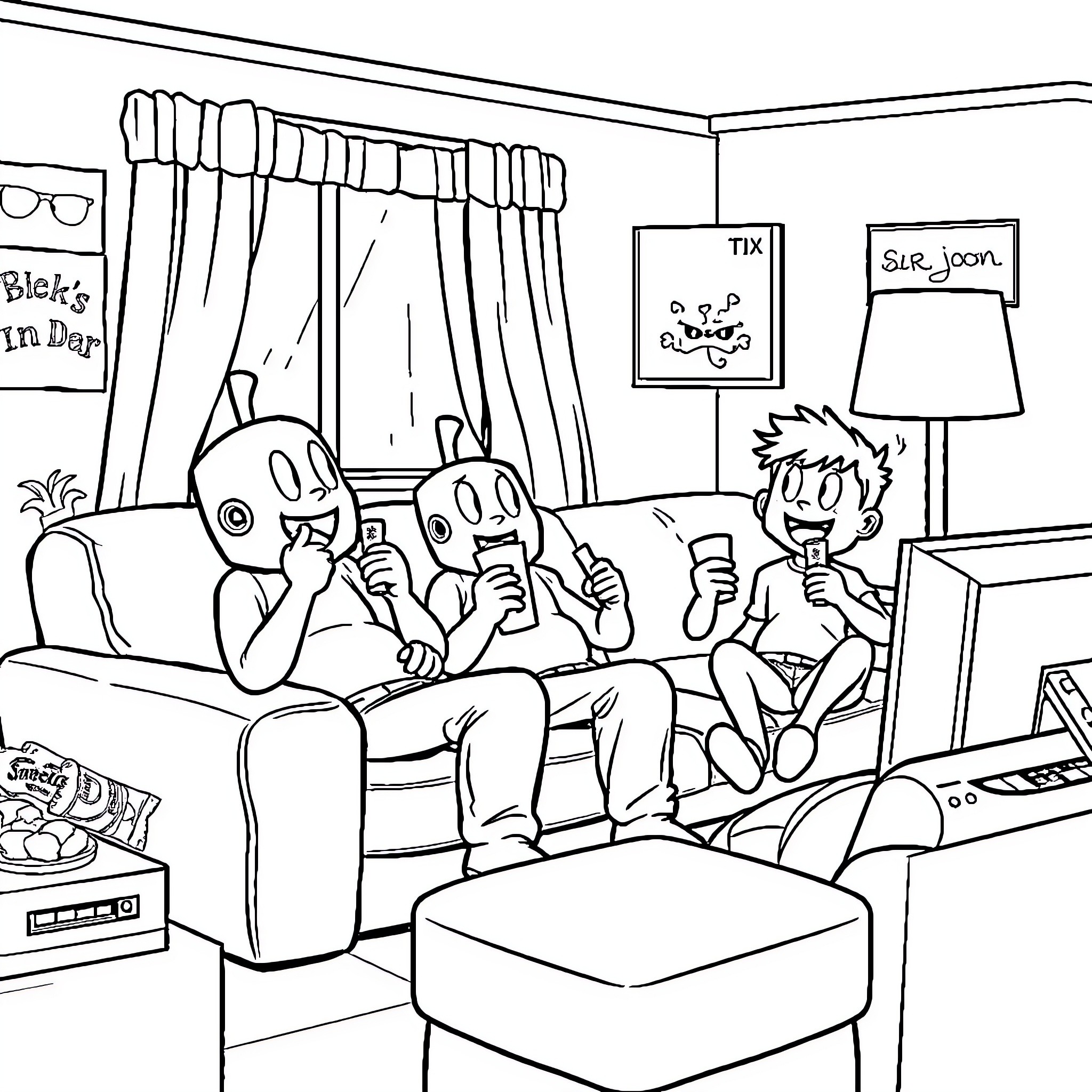 Baghead friends gaming and relaxing at home Coloring Page (free black-and-white line drawing printable PDF for all, from beginners to advanced learners, including children, teens, adults, and seniors)