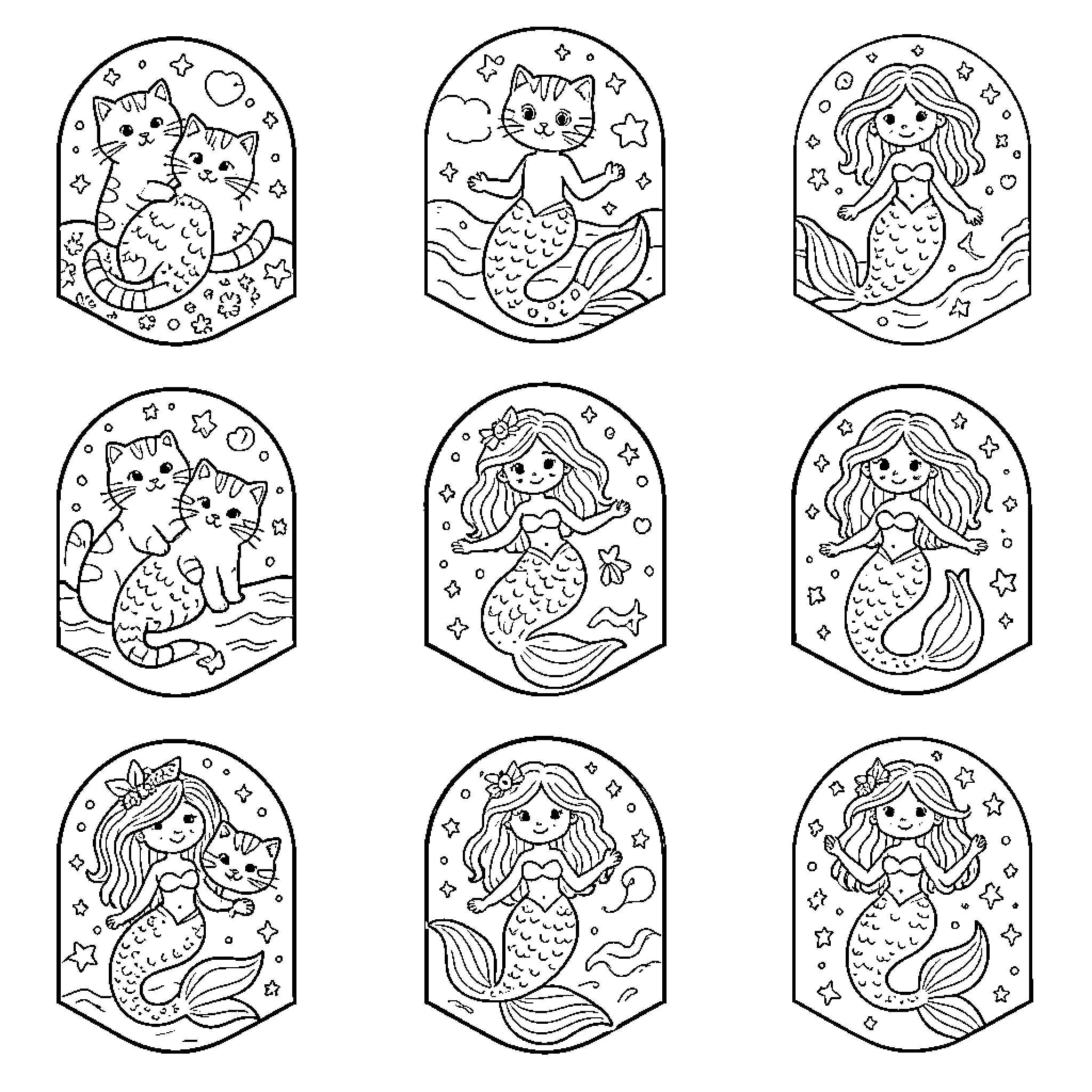 Cats and Mermaids in Whimsical Scenes Coloring Page (free black-and-white line drawing printable PDF for all, from beginners to advanced learners, including children, teens, adults, and seniors)
