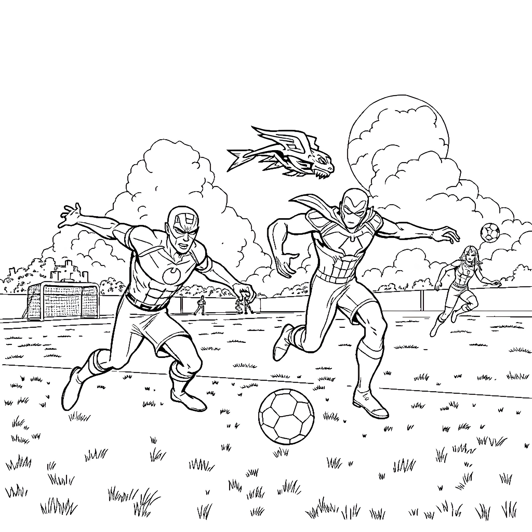 Superheroes Playing Soccer in the Park Coloring Page (free black-and-white line drawing printable PDF for all, from beginners to advanced learners, including children, teens, adults, and seniors)