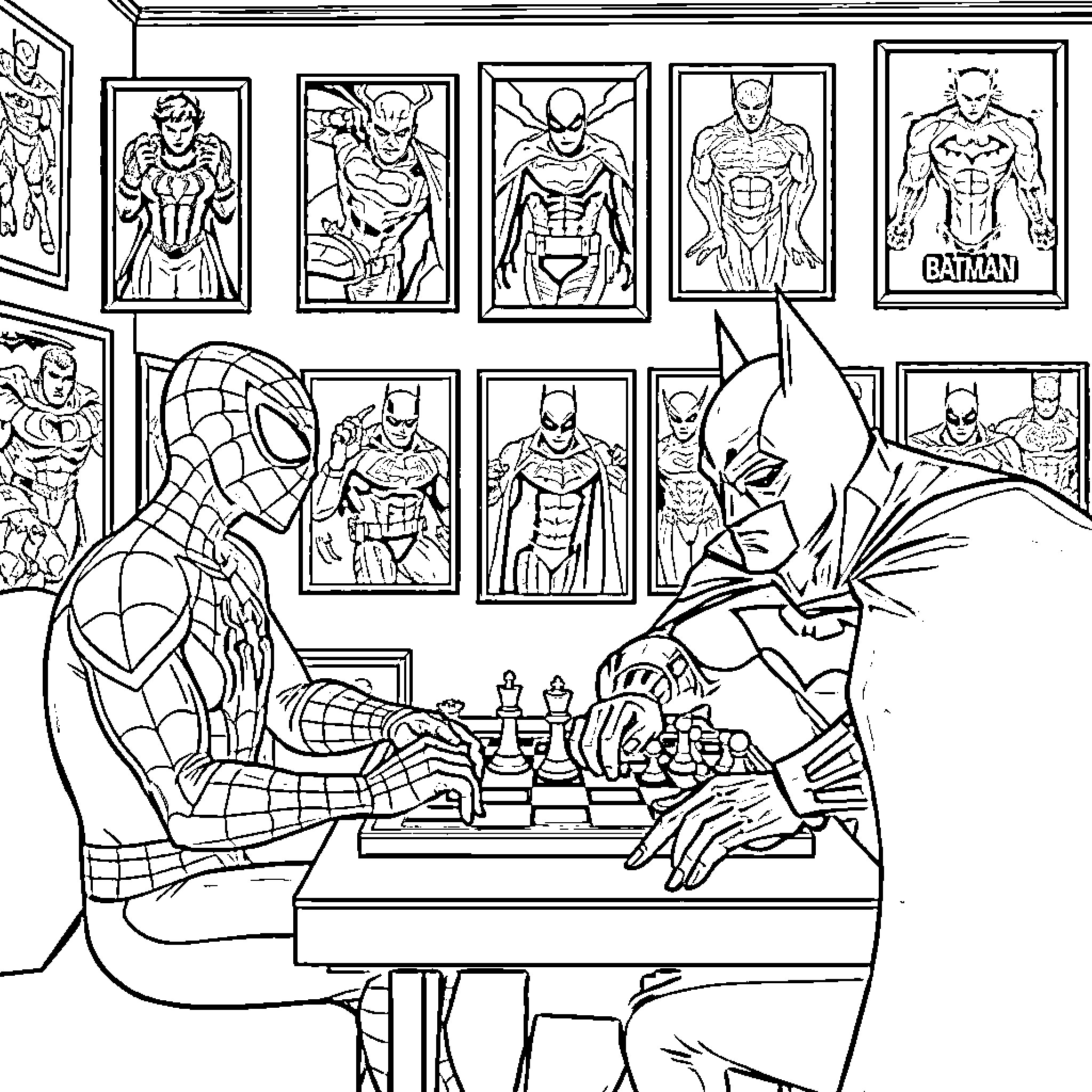 Spiderman and Batman playing chess in a superhero gallery Coloring Page (free black-and-white line drawing printable PDF for all, from beginners to advanced learners, including children, teens, adults, and seniors)