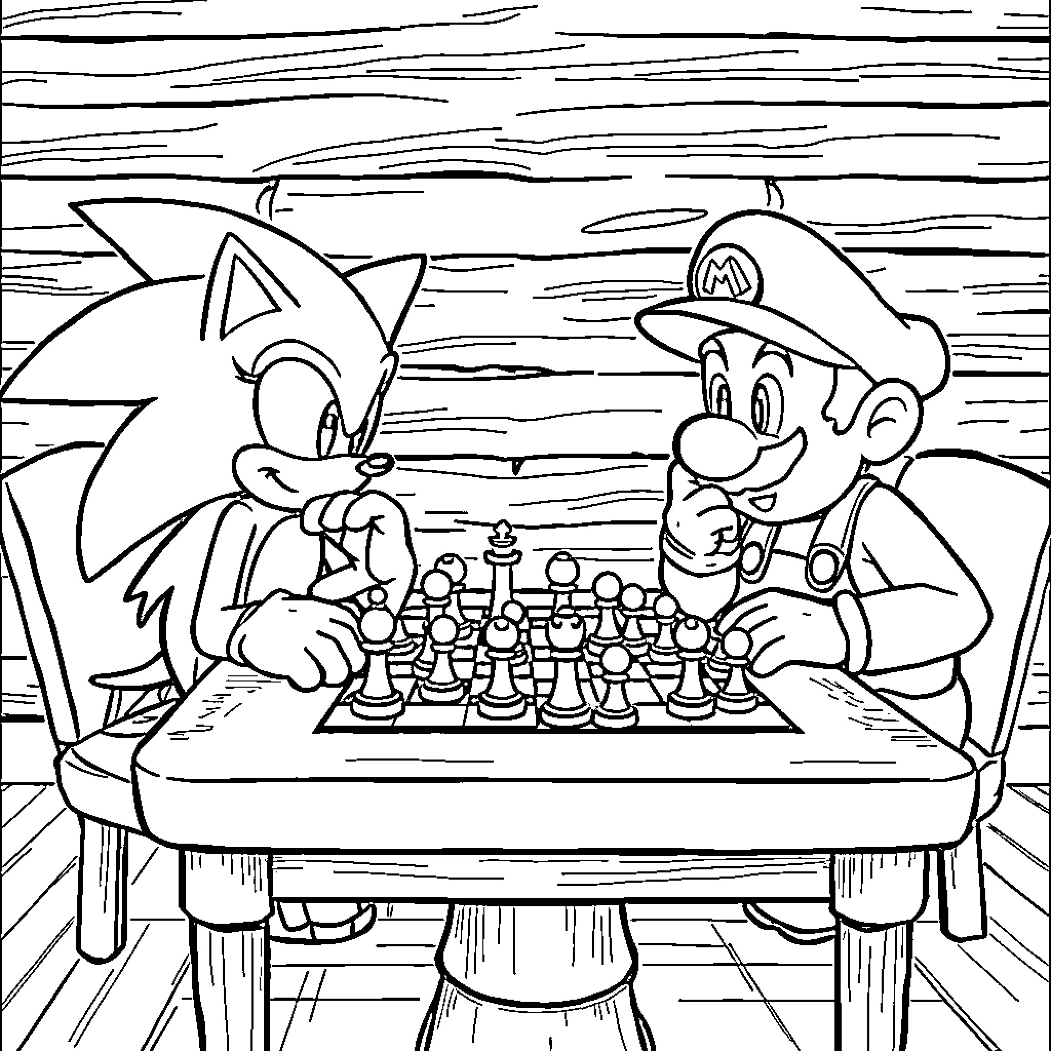 Sonic and Mario Playing Chess on a Wooden Table Coloring Page (free black-and-white line drawing printable PDF for all, from beginners to advanced learners, including children, teens, adults, and seniors)