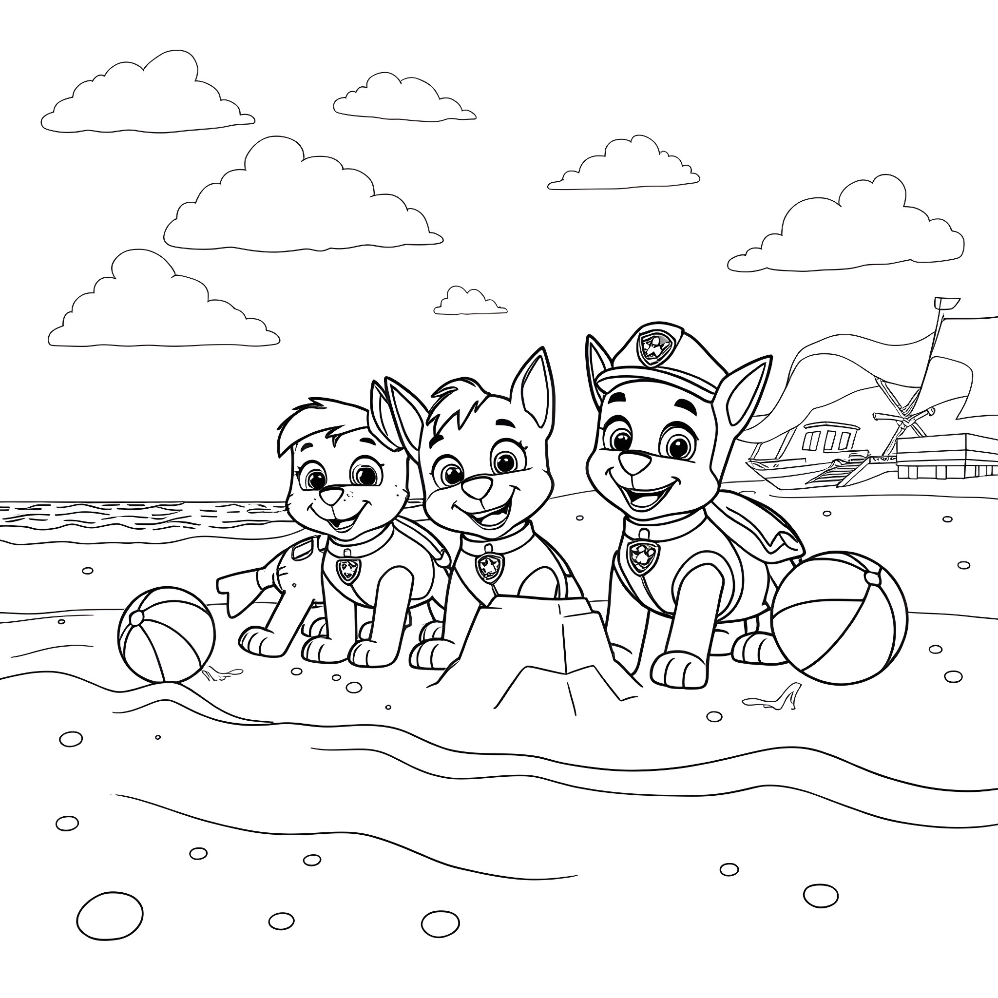 Paw Patrol pups playing on the beach Coloring Page (free black-and-white line drawing printable PDF for all, from beginners to advanced learners, including children, teens, adults, and seniors)