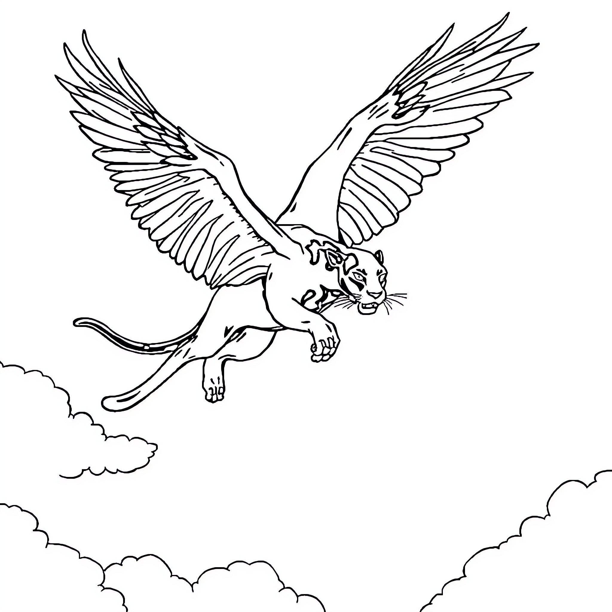Panther soaring through the cloudy skies Coloring Page (free black-and-white line drawing printable PDF for all, from beginners to advanced learners, including children, teens, adults, and seniors)