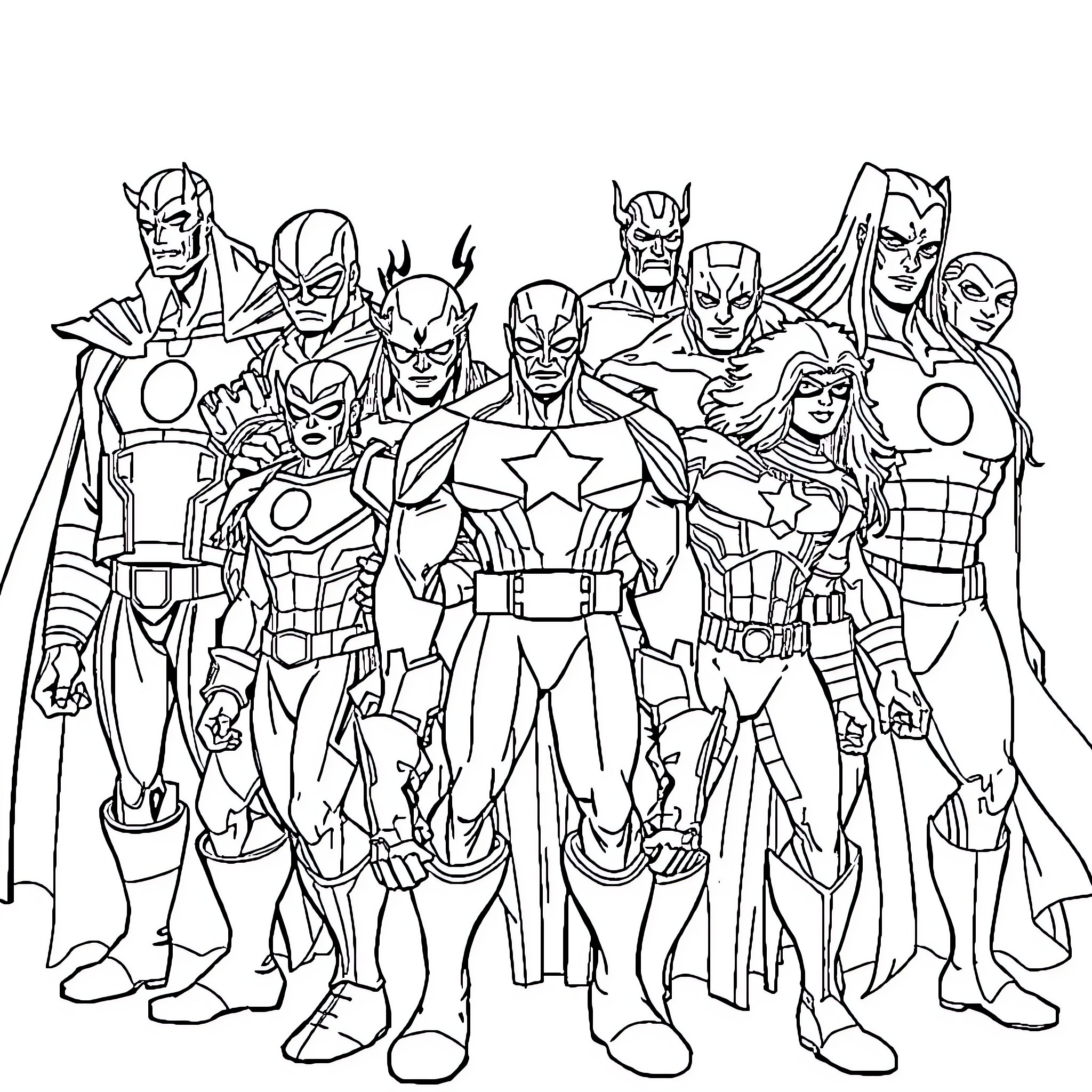 Marvel Characters in Action Poses Coloring Page (free black-and-white line drawing printable PDF for all, from beginners to advanced learners, including children, teens, adults, and seniors)