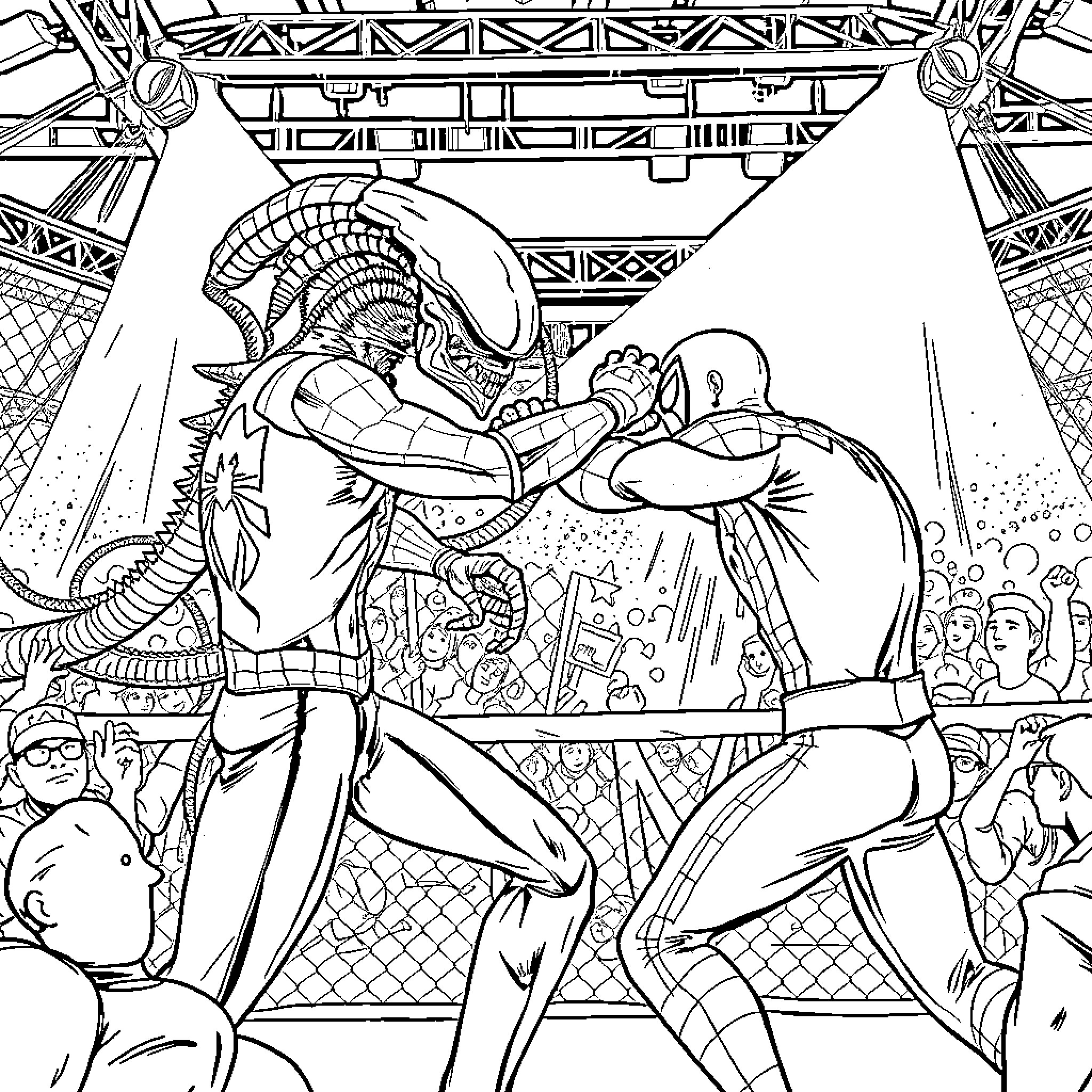 Spiderman wrestling with a formidable foe in an epic battle Coloring Page (free black-and-white line drawing printable PDF for all, from beginners to advanced learners, including children, teens, adults, and seniors)