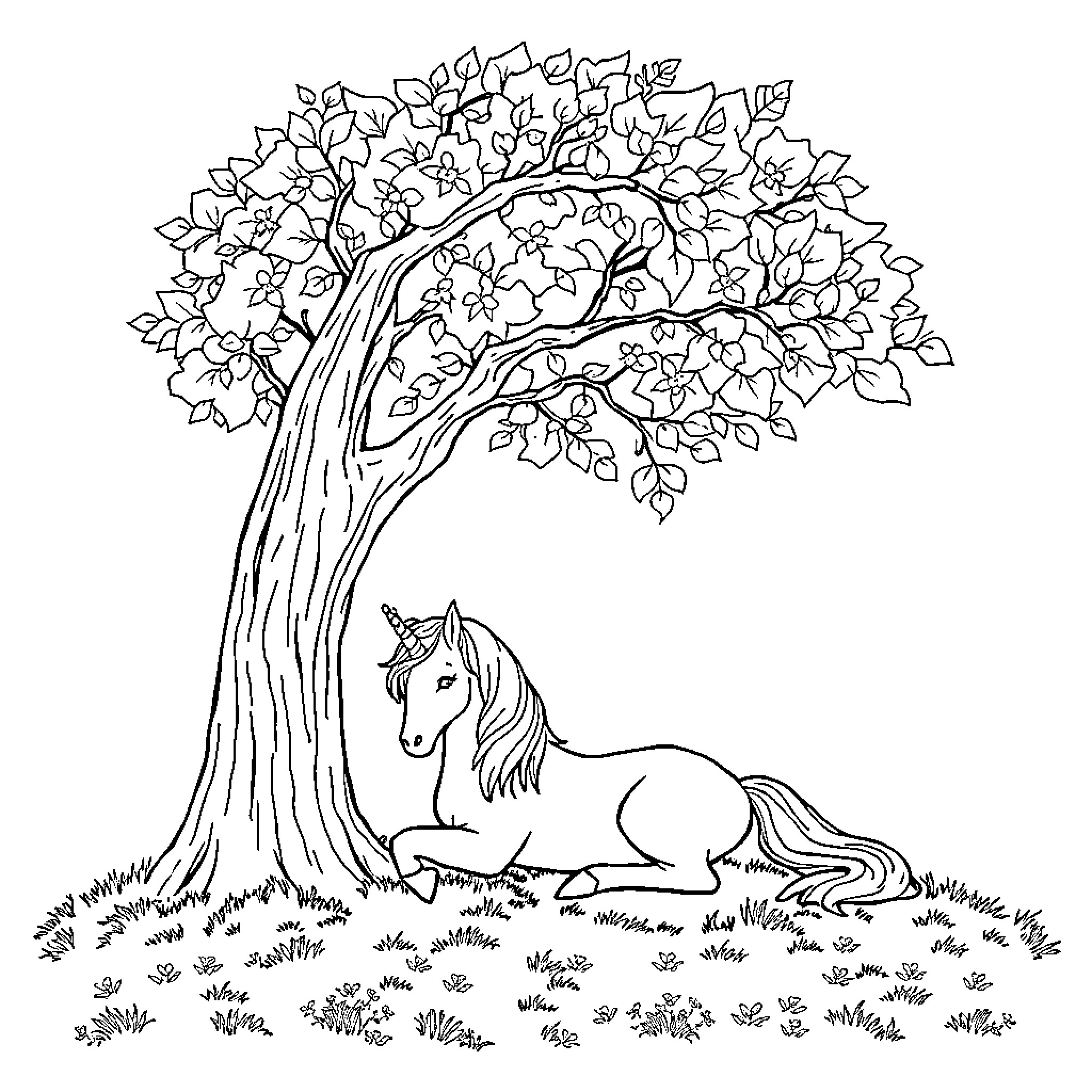 Unicorn resting peacefully under a blooming tree Coloring Page (free black-and-white line drawing printable PDF for all, from beginners to advanced learners, including children, teens, adults, and seniors)