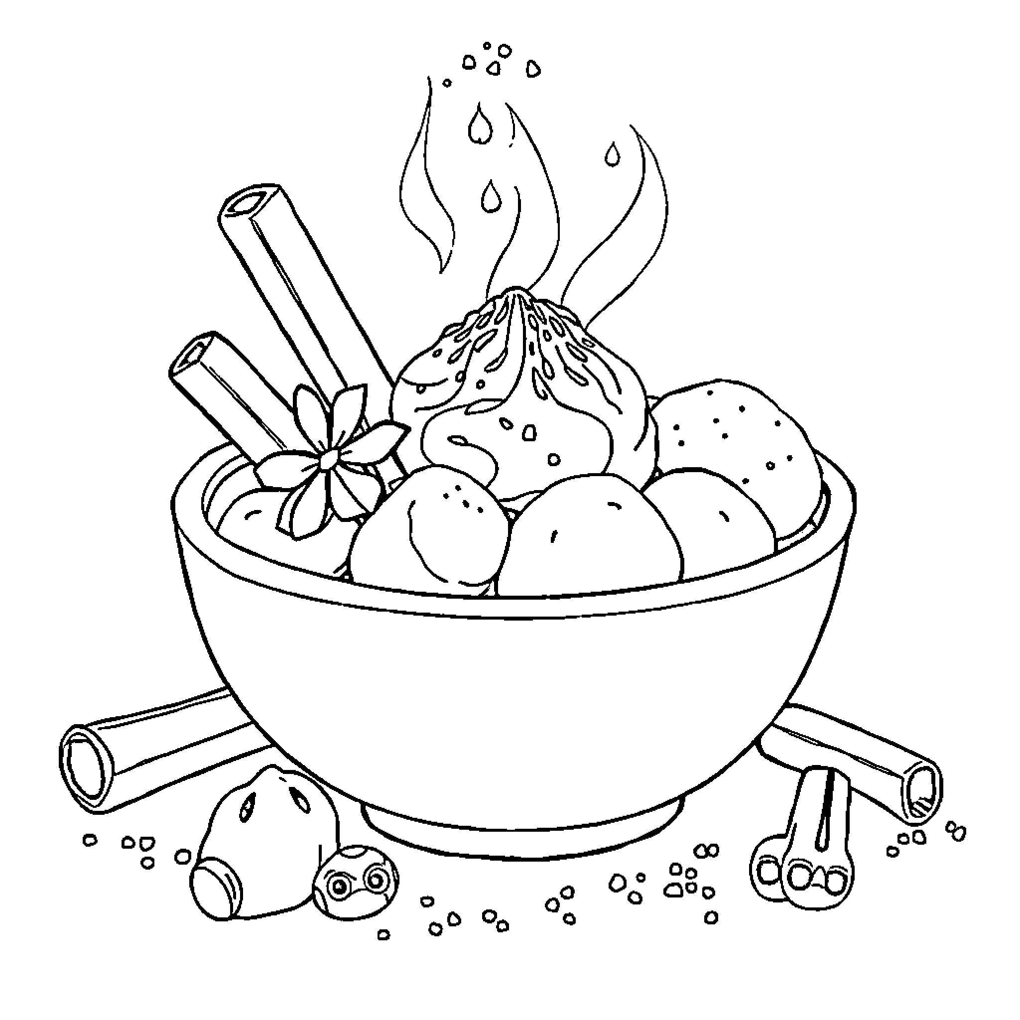 Cinnamon-spiced treats in a warming bowl Coloring Page (free black-and-white line drawing printable PDF for all, from beginners to advanced learners, including children, teens, adults, and seniors)