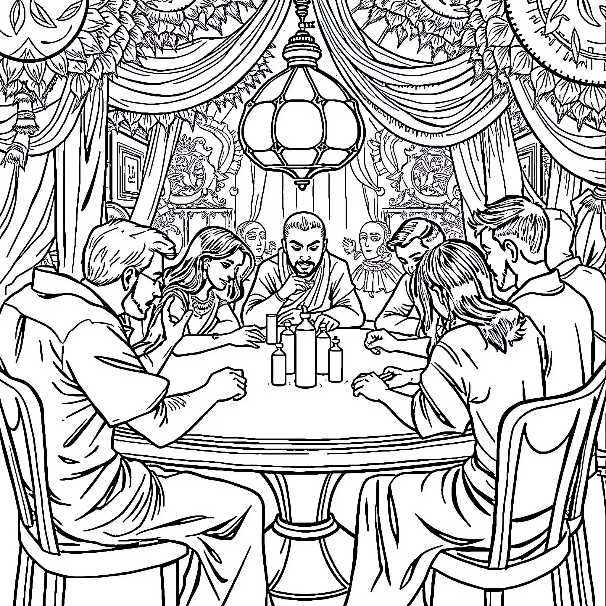 Tabal's Feast: Gathering of Vibrant Characters Coloring Page (free black-and-white line drawing printable PDF for all, from beginners to advanced learners, including children, teens, adults, and seniors)