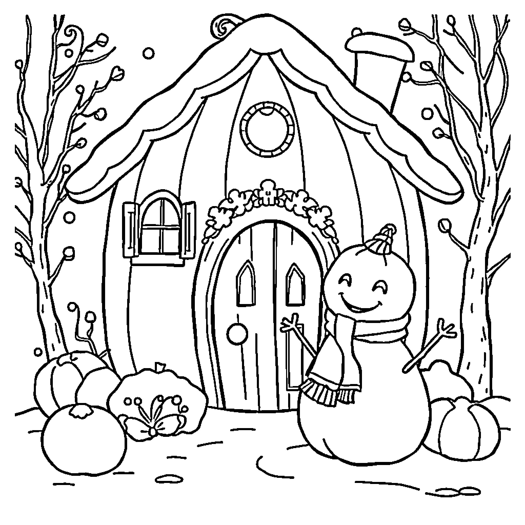 Pumpkin house with happy pumpkin figure Coloring Page (free black-and-white line drawing printable PDF for all, from beginners to advanced learners, including children, teens, adults, and seniors)