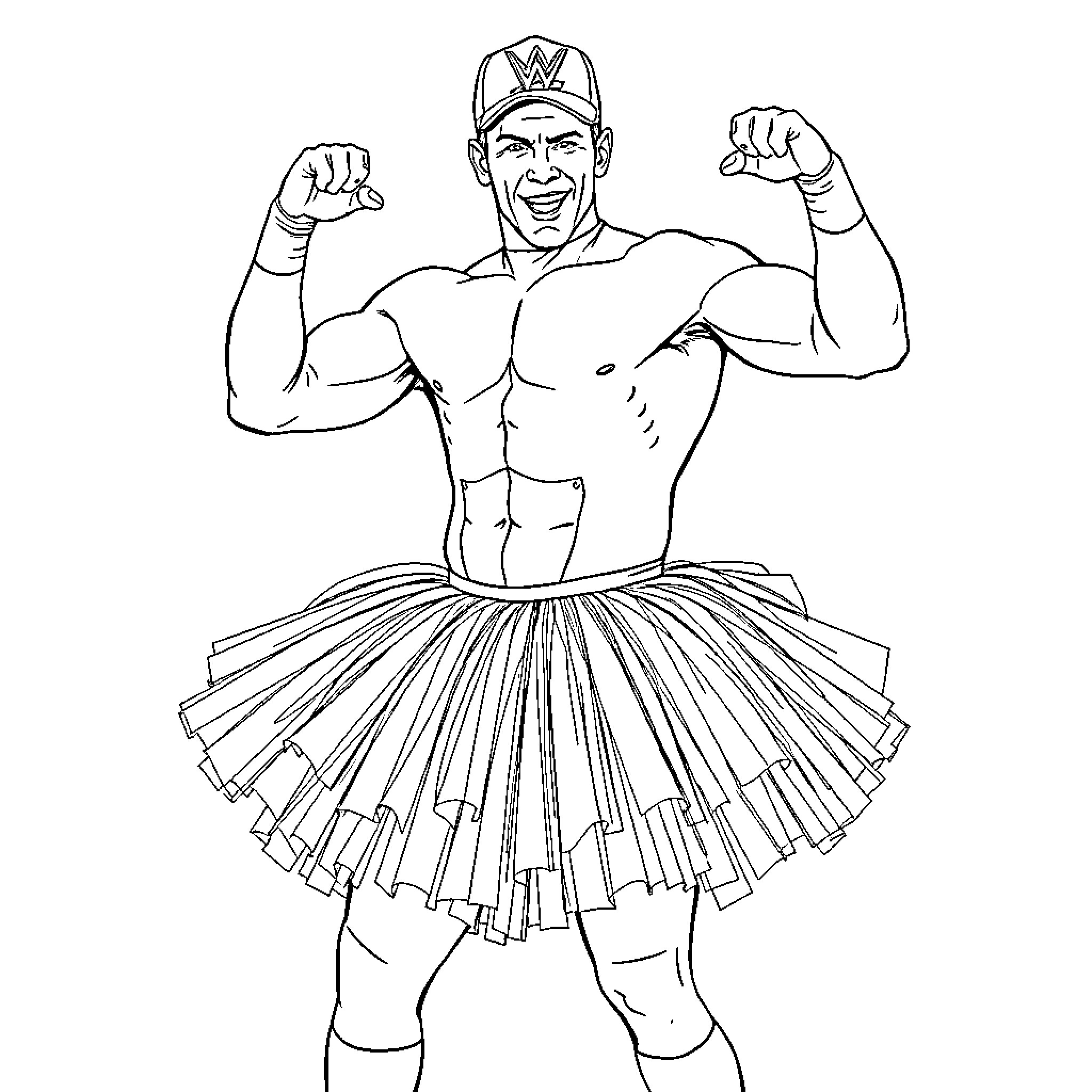 John Cena Flexing Muscles in Frilly Outfit Coloring Page (free black-and-white line drawing printable PDF for all, from beginners to advanced learners, including children, teens, adults, and seniors)
