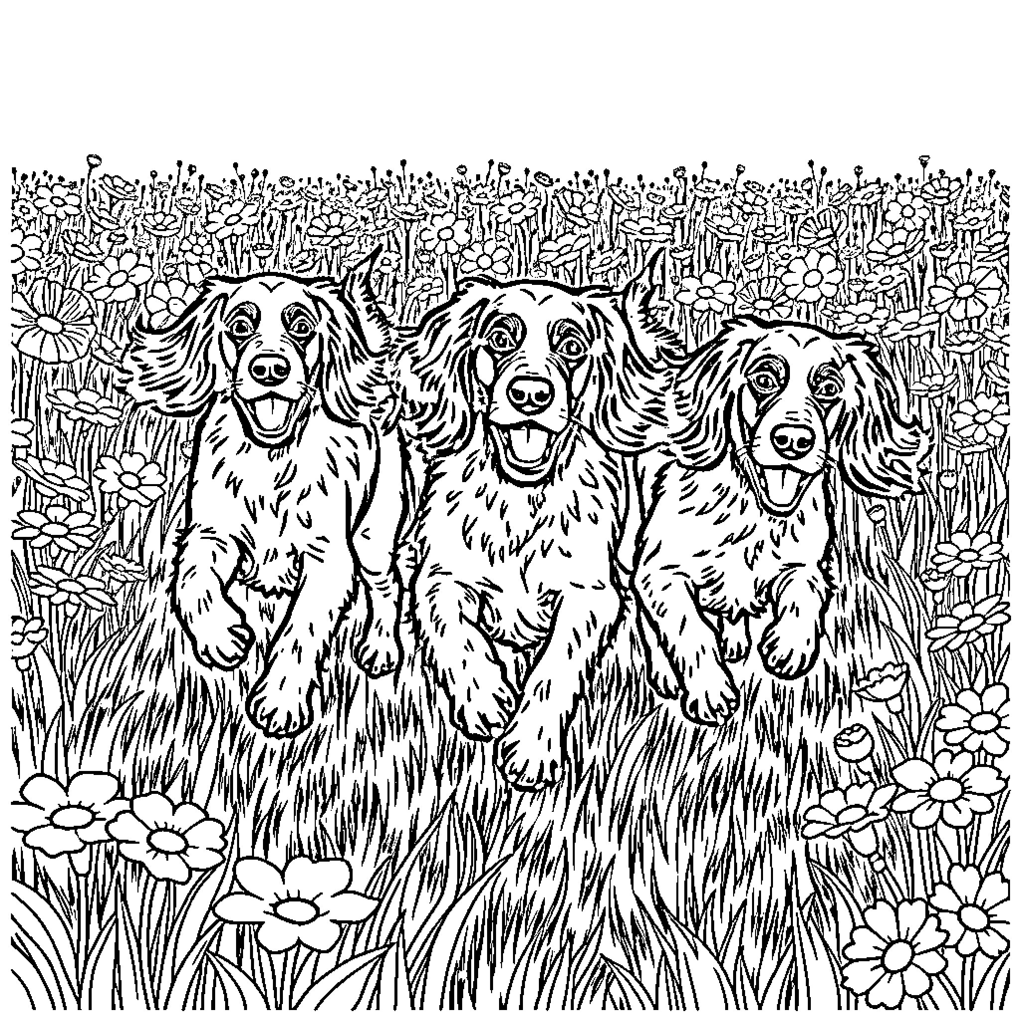Setter dogs enjoying nature outdoors Coloring Page (free black-and-white line drawing printable PDF for all, from beginners to advanced learners, including children, teens, adults, and seniors)