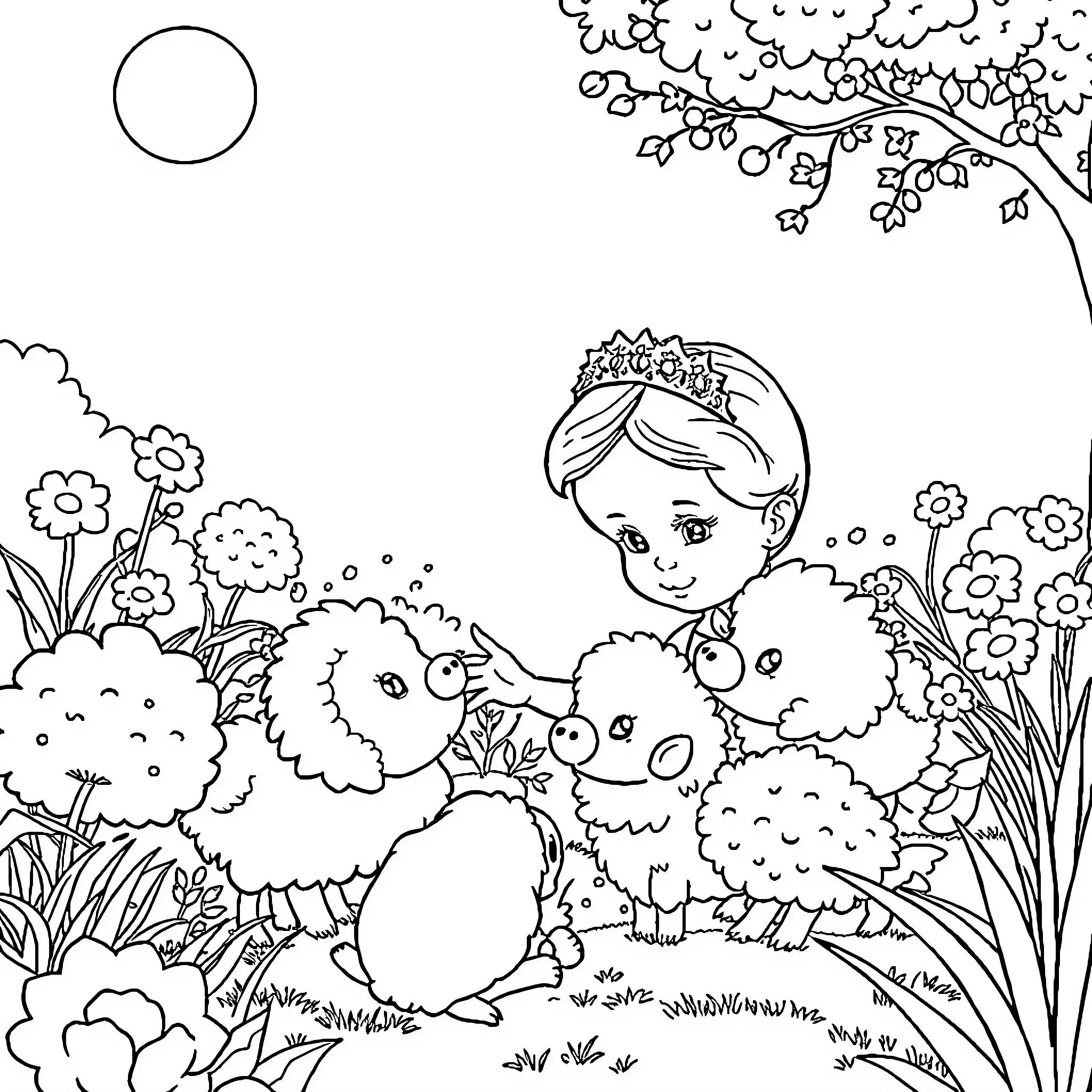 Princess plays with cute fluffy animals in the garden Coloring Page (free black-and-white line drawing printable PDF for all, from beginners to advanced learners, including children, teens, adults, and seniors)