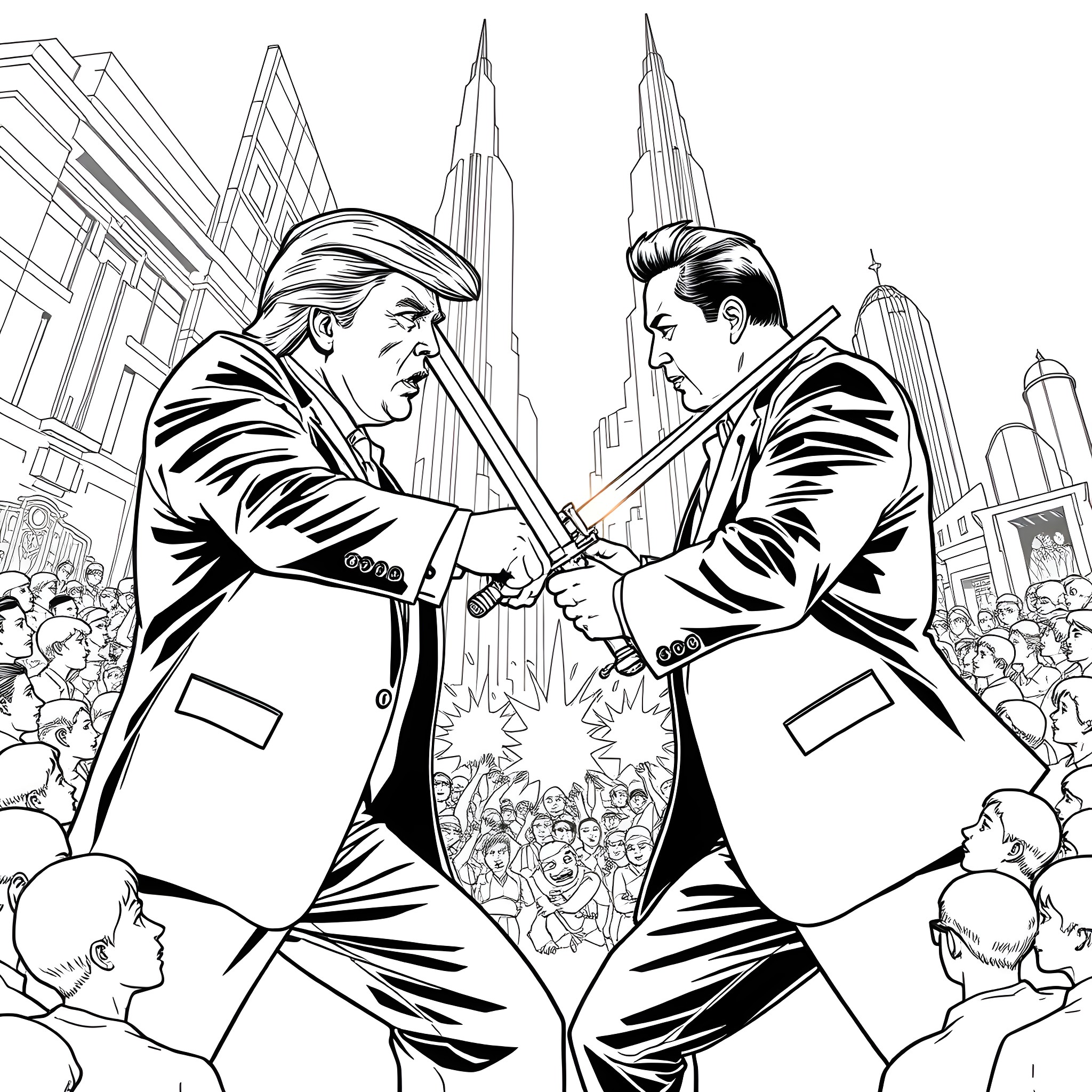 Donald Trump and Advisor Shaking Hands in Front of Crowd Coloring Page (free black-and-white line drawing printable PDF for all, from beginners to advanced learners, including children, teens, adults, and seniors)