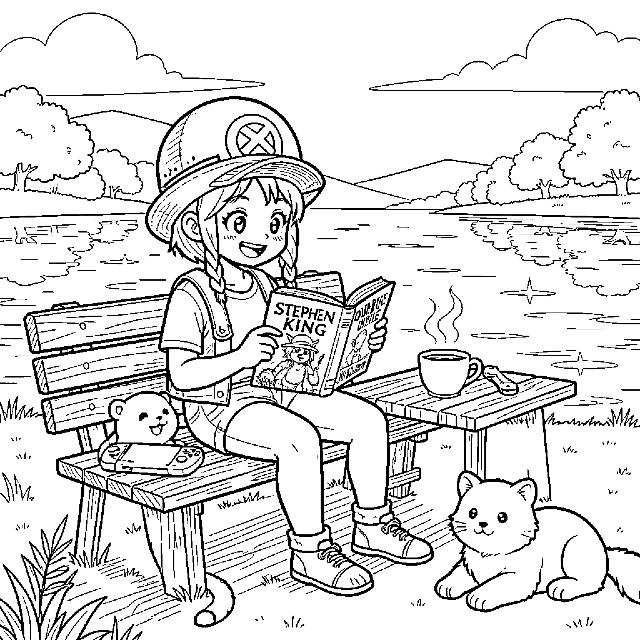 Chopper reading book with animals on a bench Coloring Page (free black-and-white line drawing printable PDF for all, from beginners to advanced learners, including children, teens, adults, and seniors)