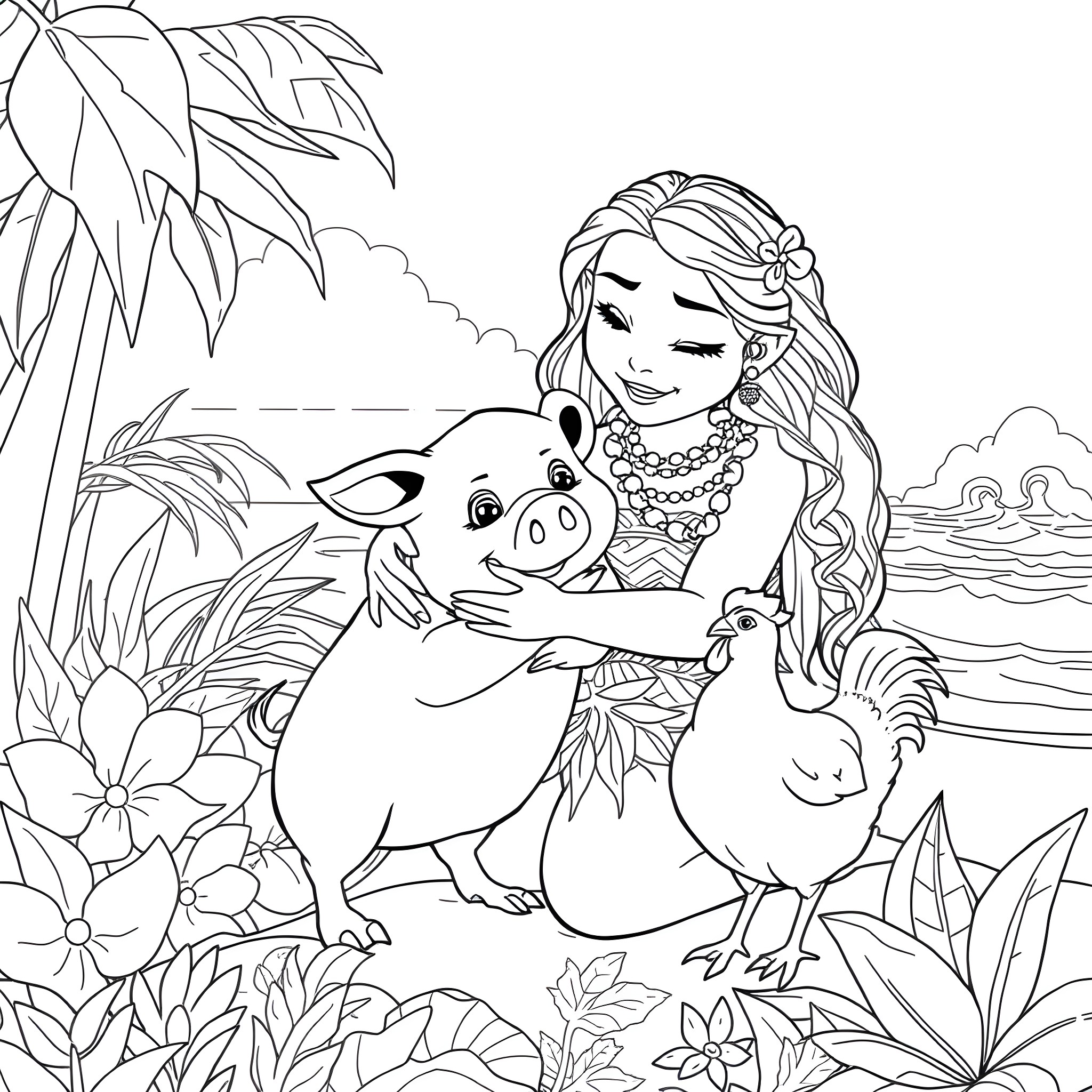 Moana interacting with Pua and Hei Hei in tropical setting Coloring Page (free black-and-white line drawing printable PDF for all, from beginners to advanced learners, including children, teens, adults, and seniors)