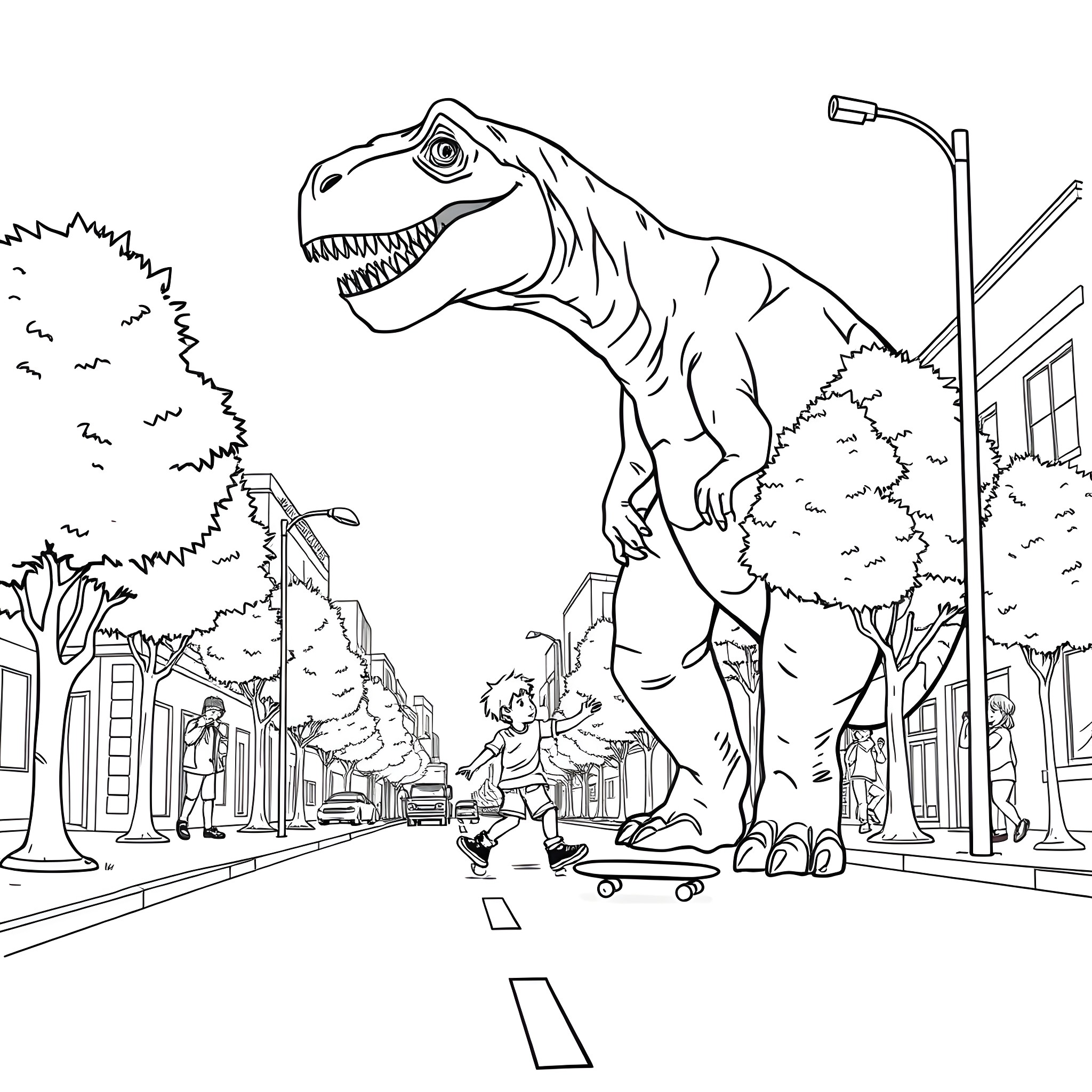 T-Rex exploring the city on a skateboard Coloring Page (free black-and-white line drawing printable PDF for all, from beginners to advanced learners, including children, teens, adults, and seniors)