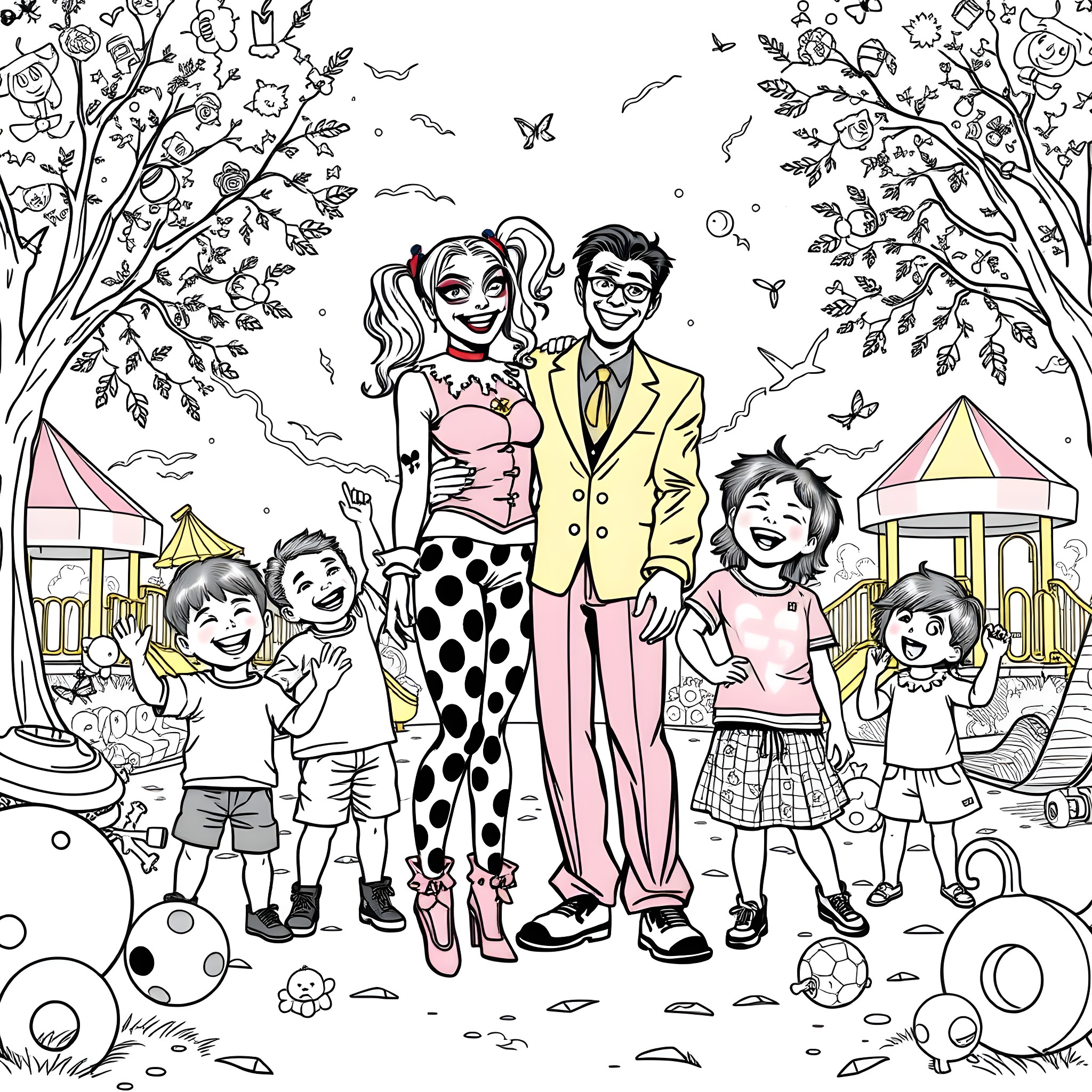 Harley Quinn and family in playful outdoor scene Coloring Page (free black-and-white line drawing printable PDF for all, from beginners to advanced learners, including children, teens, adults, and seniors)