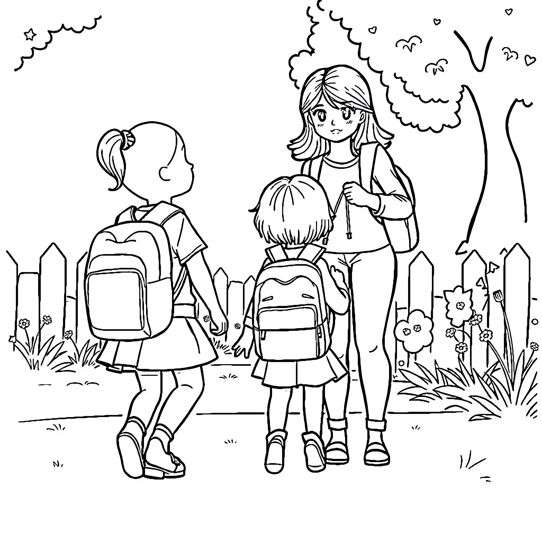 Girl Walks with Students to School Coloring Page (free black-and-white line drawing printable PDF for all, from beginners to advanced learners, including children, teens, adults, and seniors)