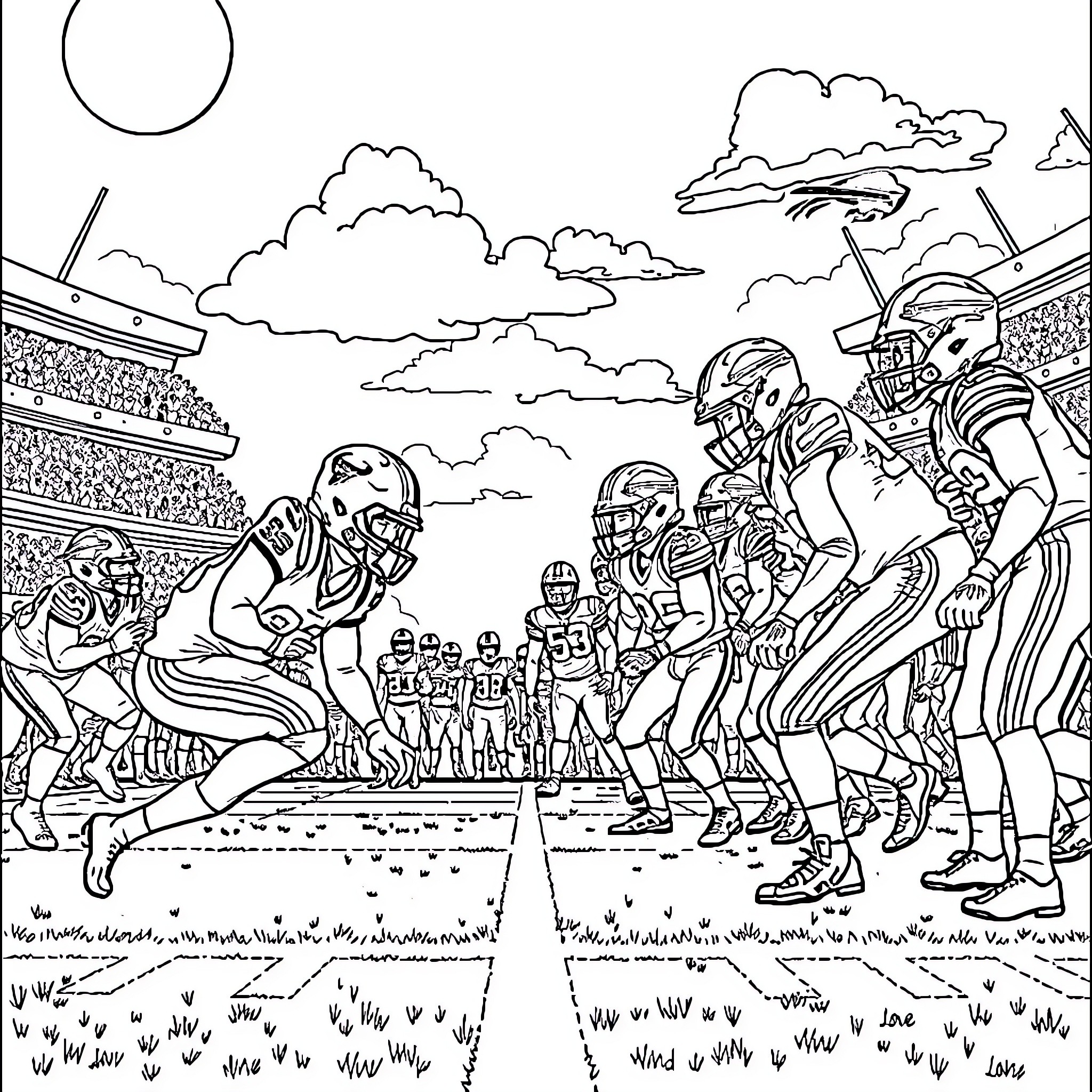Football Team in Action on the Field Coloring Page (free black-and-white line drawing printable PDF for all, from beginners to advanced learners, including children, teens, adults, and seniors)