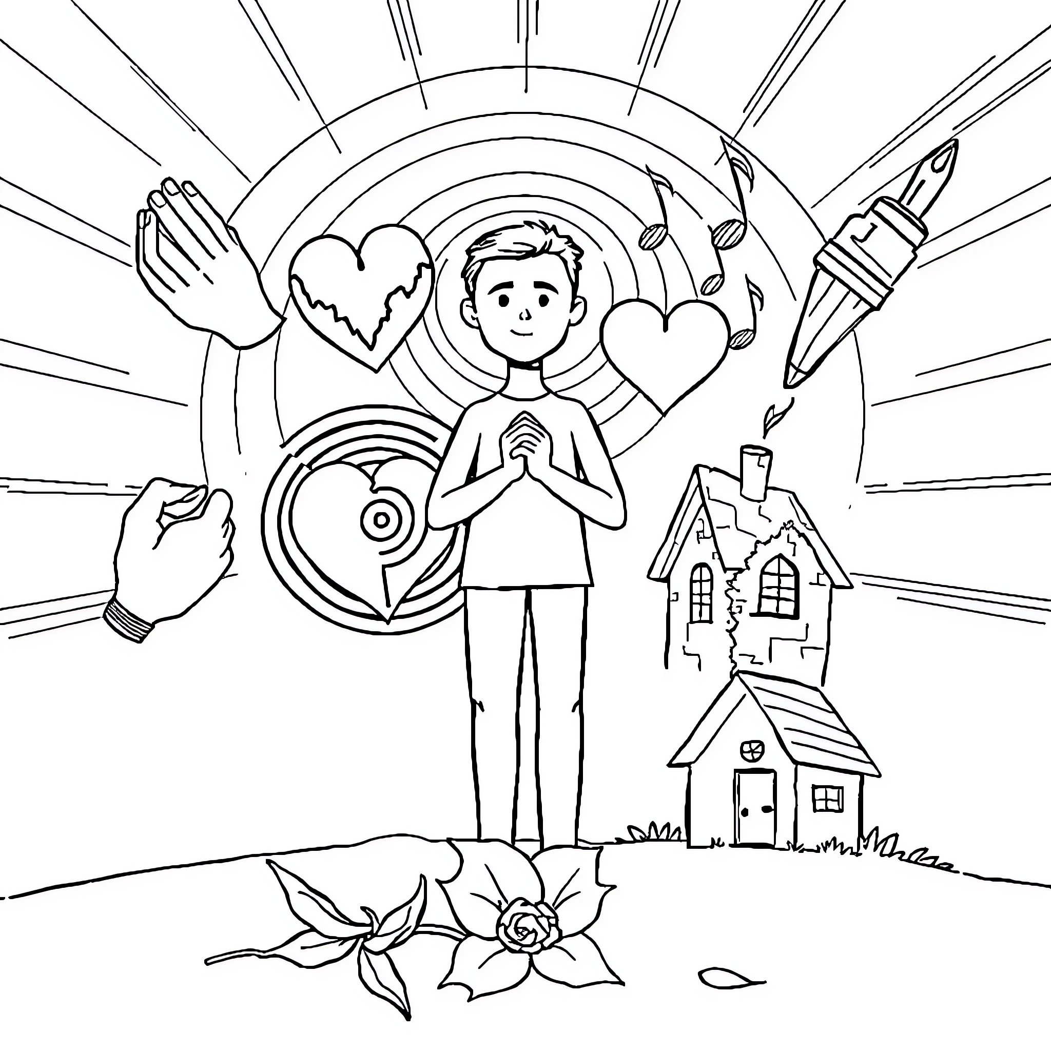 Human Figure Expressing Emotions and Spirituality Coloring Page (free black-and-white line drawing printable PDF for all, from beginners to advanced learners, including children, teens, adults, and seniors)