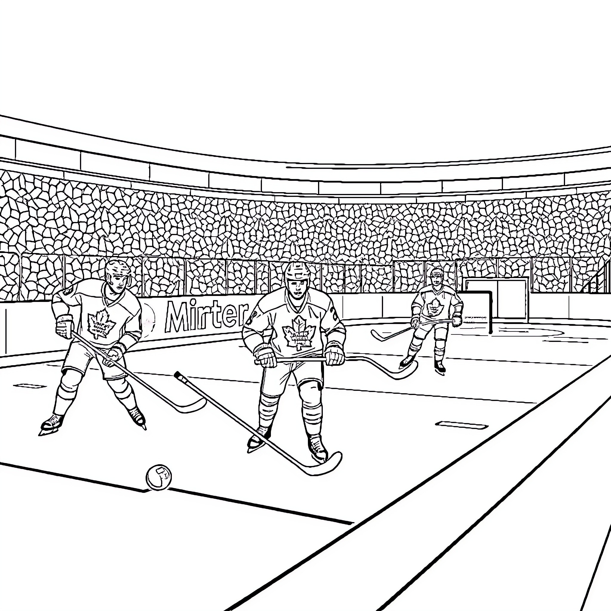 Toronto Maple Leaf Players Engaging in Ice Hockey Match Coloring Page (free black-and-white line drawing printable PDF for all, from beginners to advanced learners, including children, teens, adults, and seniors)