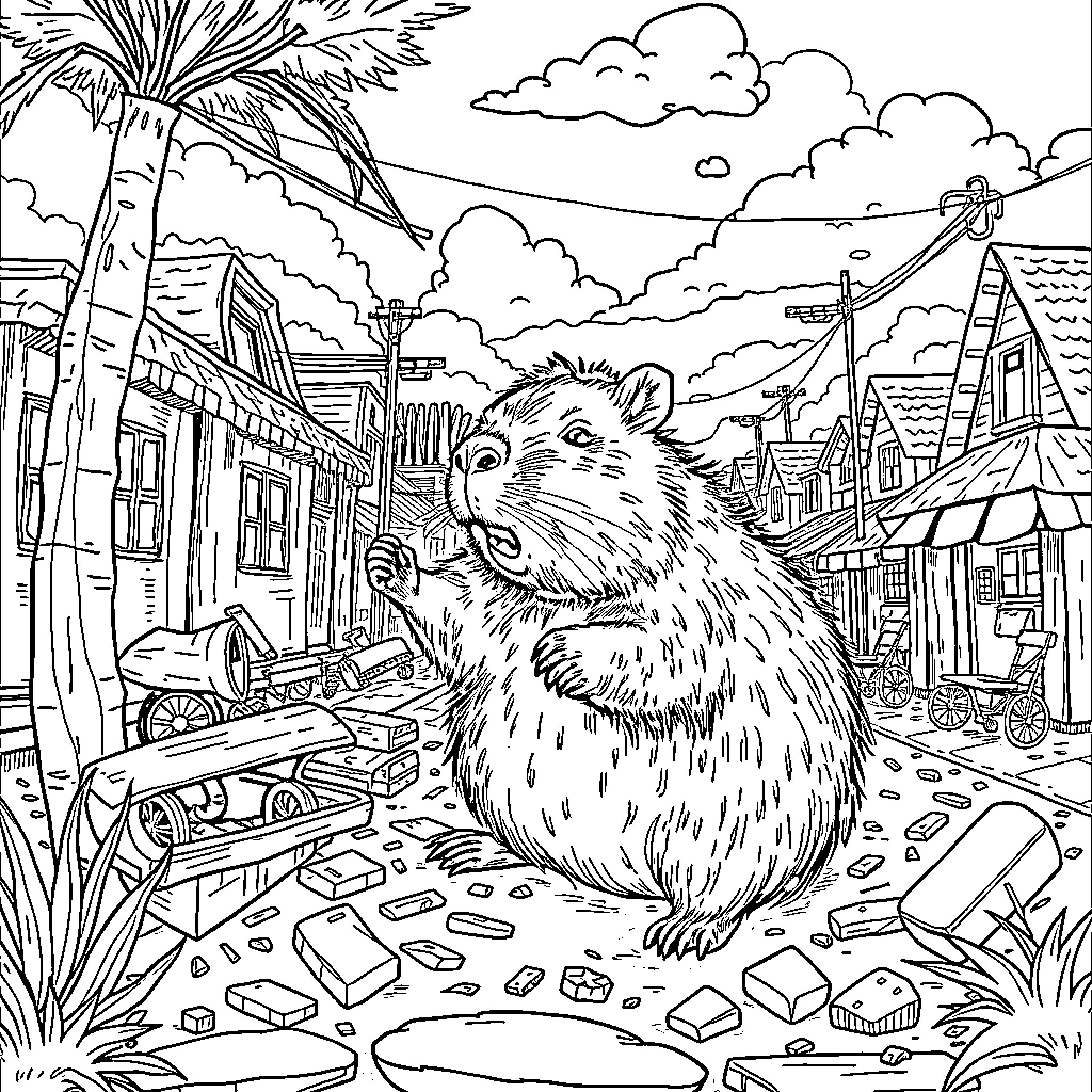 Capybara exploring a rustic town Coloring Page (free black-and-white line drawing printable PDF for all, from beginners to advanced learners, including children, teens, adults, and seniors)