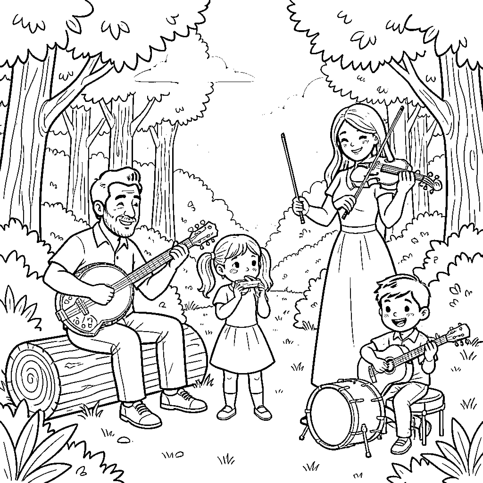 Musician Family Performing in Outdoor Forest Scene Coloring Page (free black-and-white line drawing printable PDF for all, from beginners to advanced learners, including children, teens, adults, and seniors)
