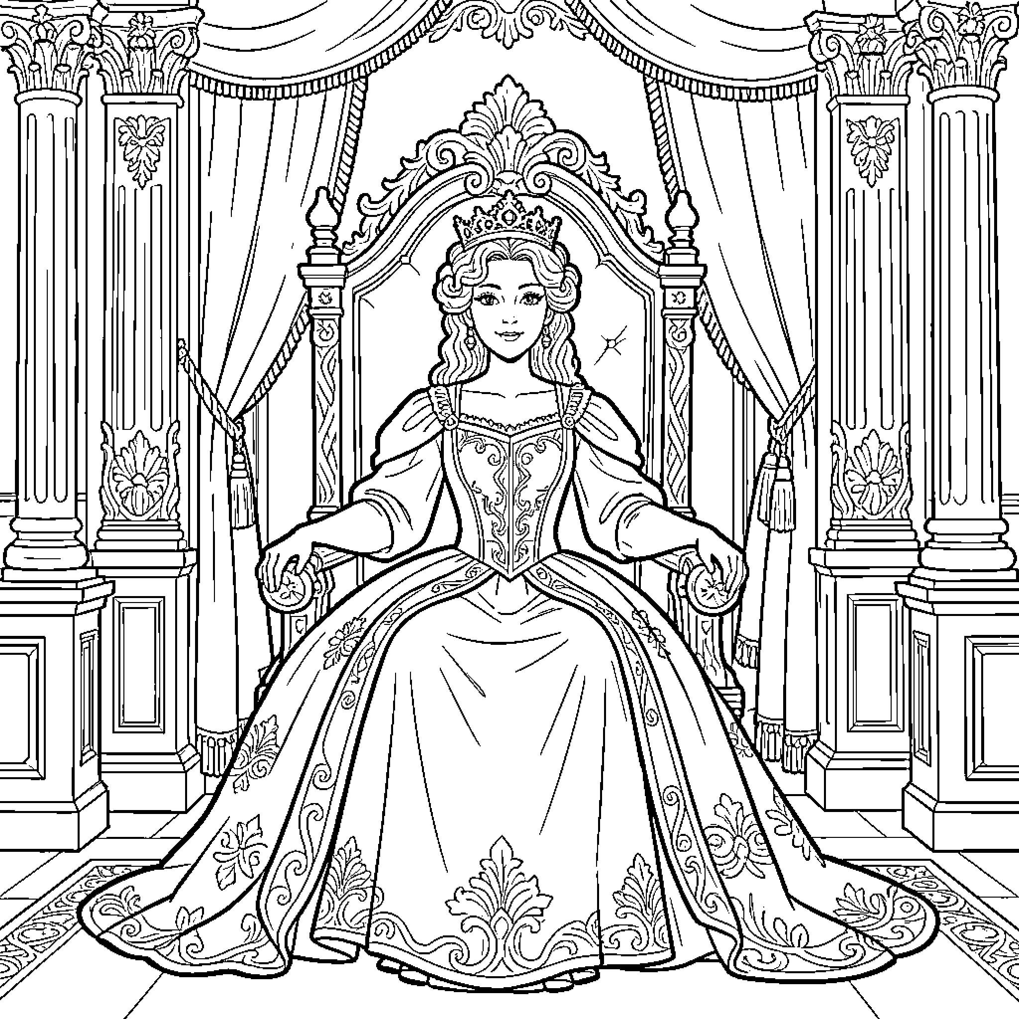 Sissi sitting regally on a grand throne Coloring Page (free black-and-white line drawing printable PDF for all, from beginners to advanced learners, including children, teens, adults, and seniors)