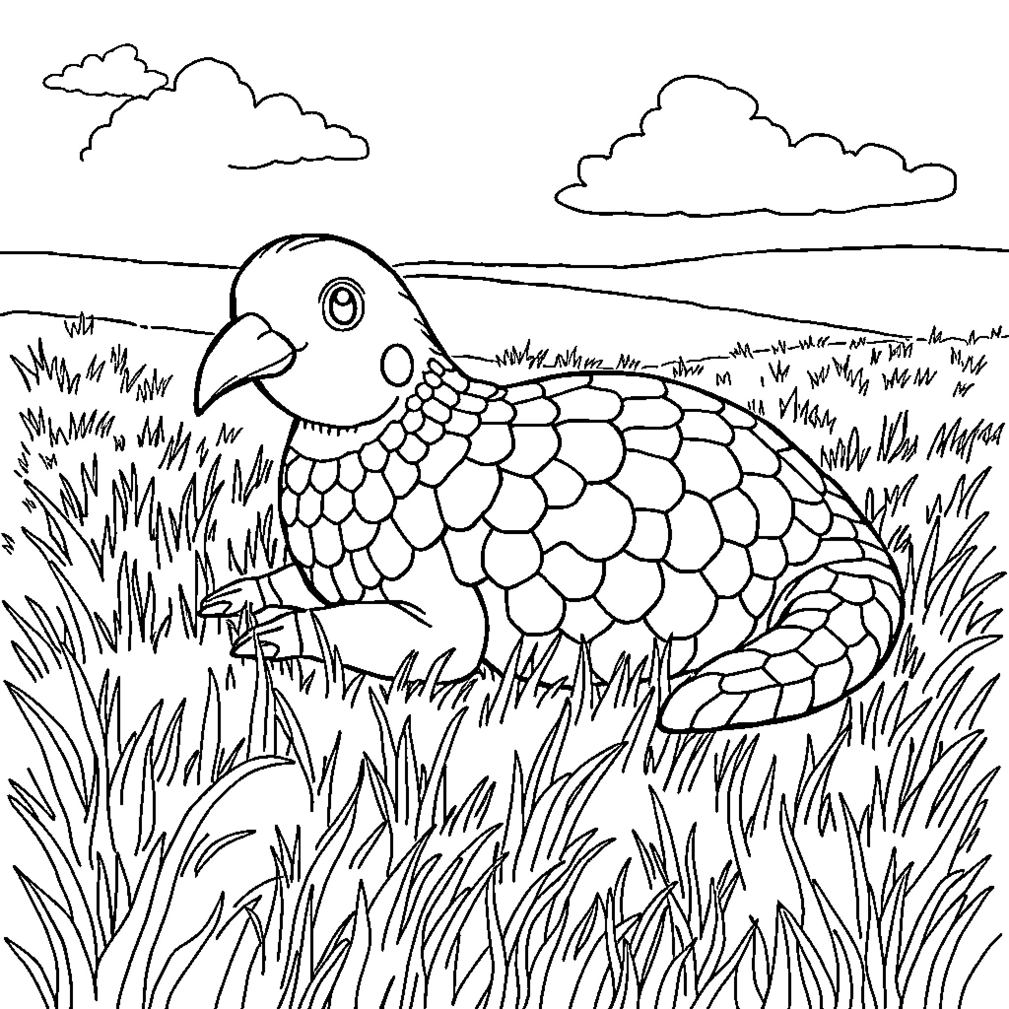 Moisoneuse: Whimsical bird in grassy field Coloring Page (free black-and-white line drawing printable PDF for all, from beginners to advanced learners, including children, teens, adults, and seniors)