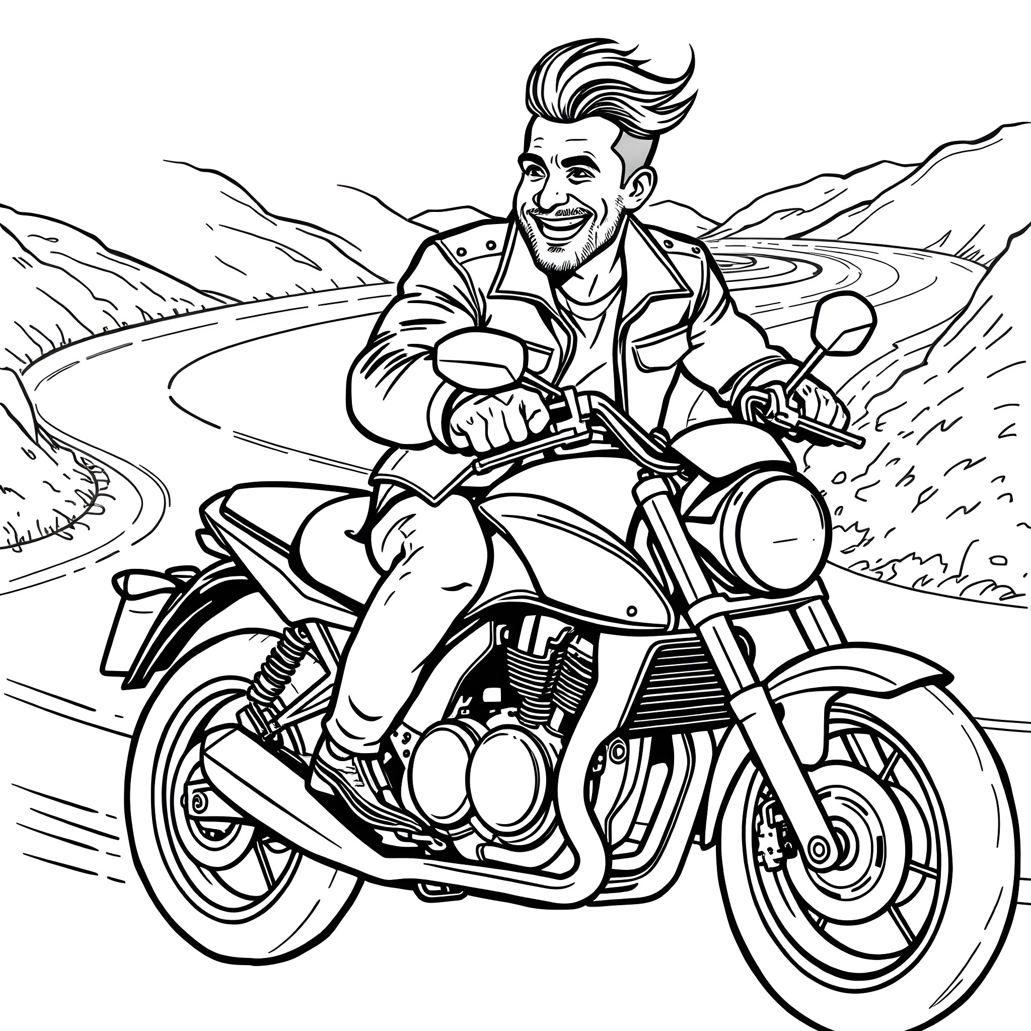 Man riding motorcycle on open road Coloring Page (free black-and-white line drawing printable PDF for all, from beginners to advanced learners, including children, teens, adults, and seniors)