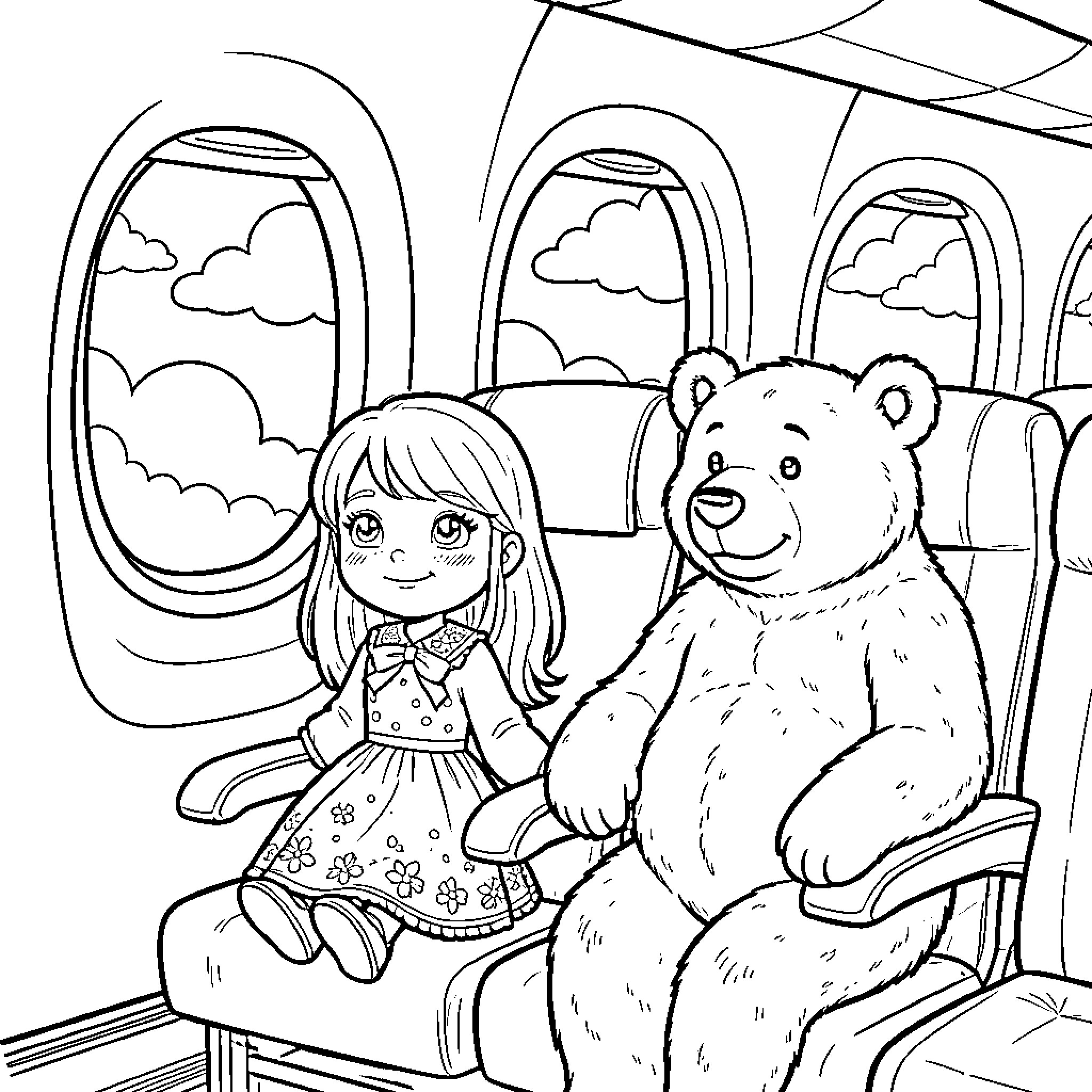 Masha and her bear friend on an airplane adventure Coloring Page (free black-and-white line drawing printable PDF for all, from beginners to advanced learners, including children, teens, adults, and seniors)