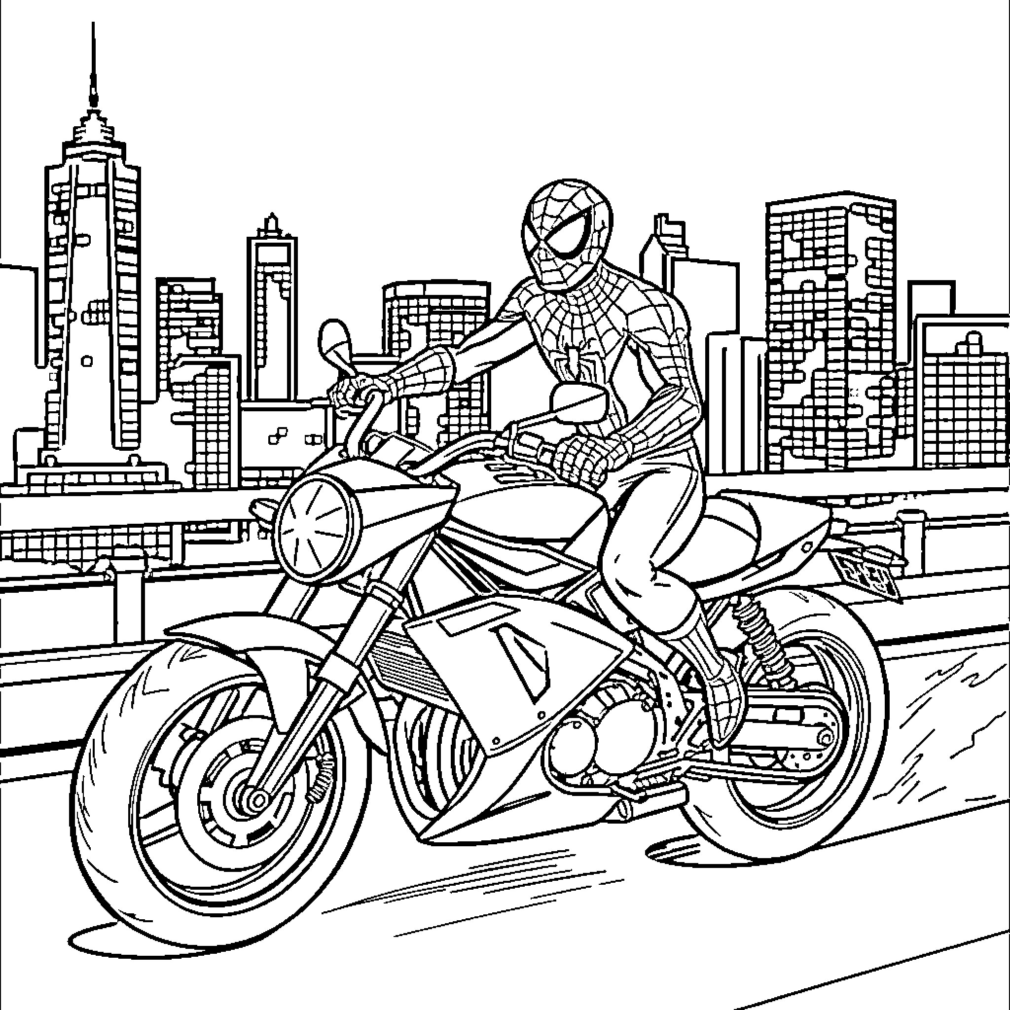 Spiderman riding a motorcycle through the city Coloring Page (free black-and-white line drawing printable PDF for all, from beginners to advanced learners, including children, teens, adults, and seniors)