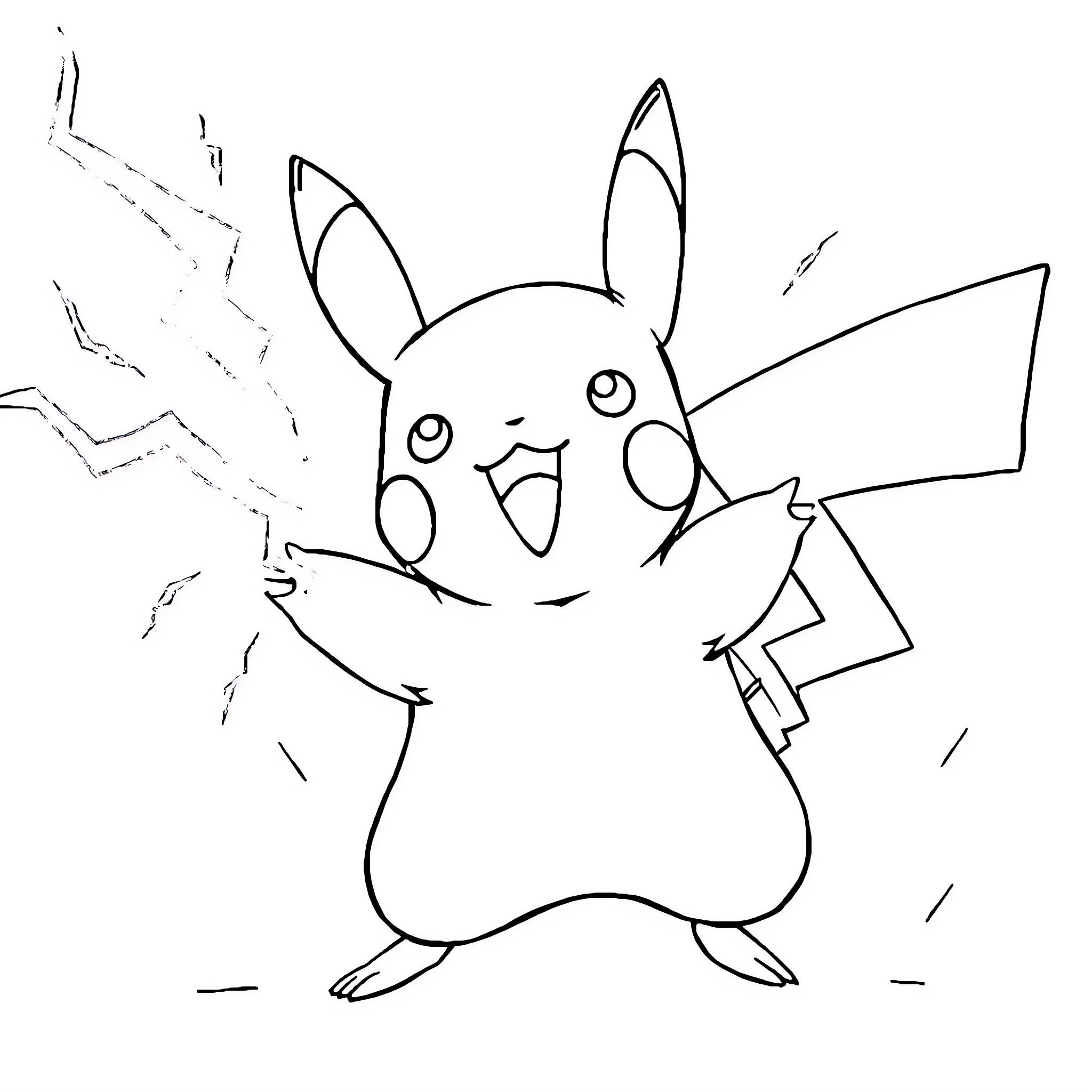 Pikachu joyfully posing in a black and white sketch Coloring Page (free black-and-white line drawing printable PDF for all, from beginners to advanced learners, including children, teens, adults, and seniors)
