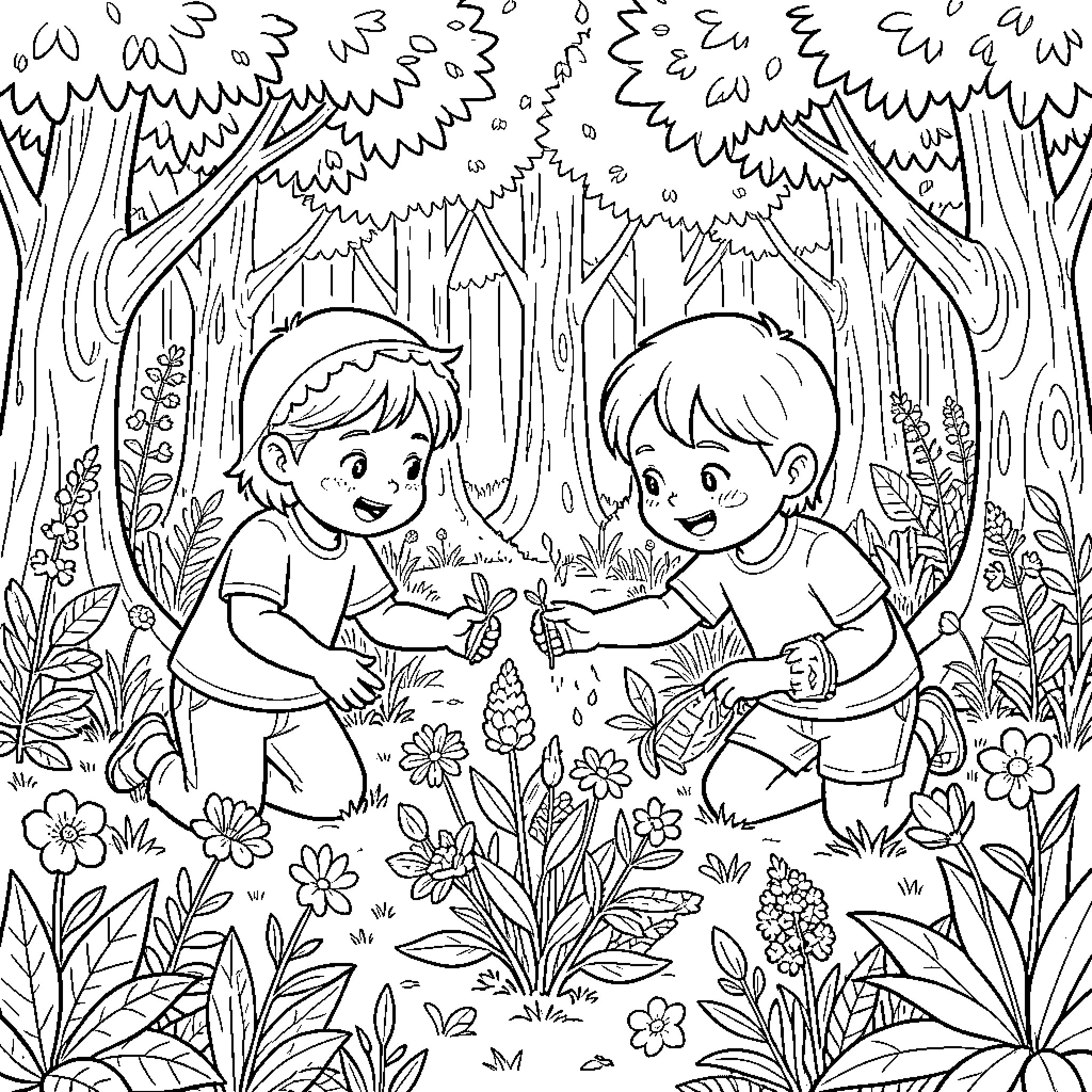 Kid enjoying nature with a friend in the forest Coloring Page (free black-and-white line drawing printable PDF for all, from beginners to advanced learners, including children, teens, adults, and seniors)
