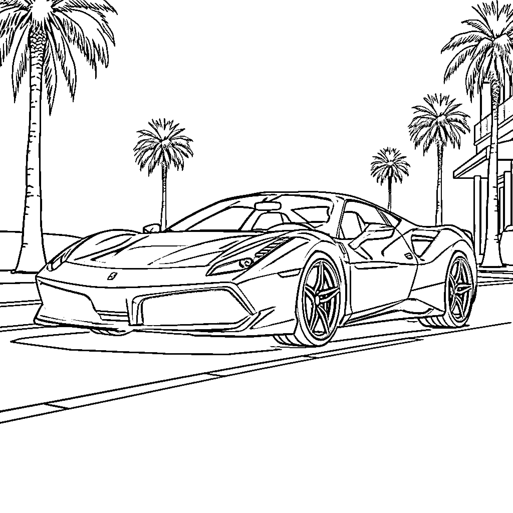 Ferrari sports car on the road under palm trees Coloring Page (free black-and-white line drawing printable PDF for all, from beginners to advanced learners, including children, teens, adults, and seniors)