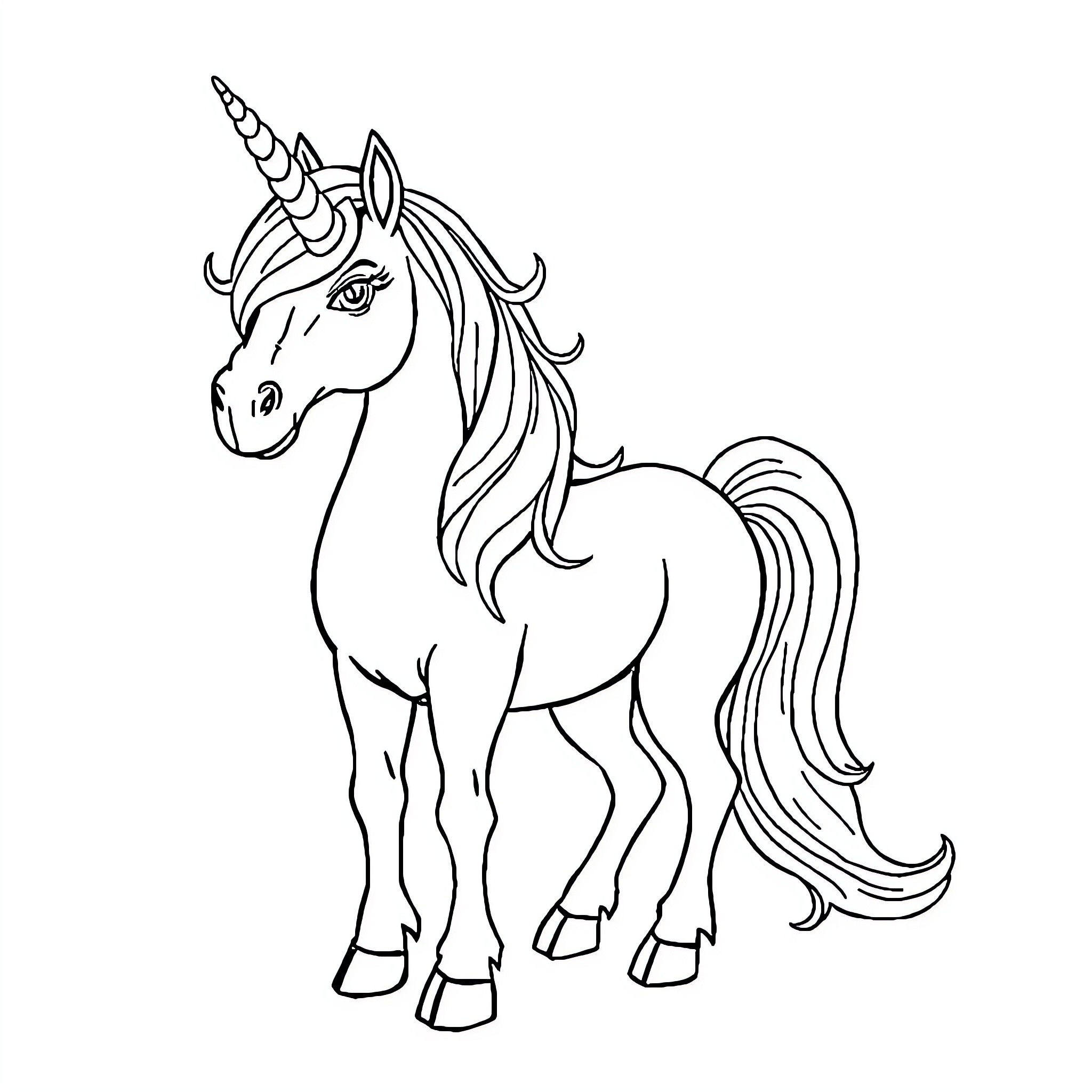 Unicorn standing proudly in a simple setting Coloring Page (free black-and-white line drawing printable PDF for all, from beginners to advanced learners, including children, teens, adults, and seniors)