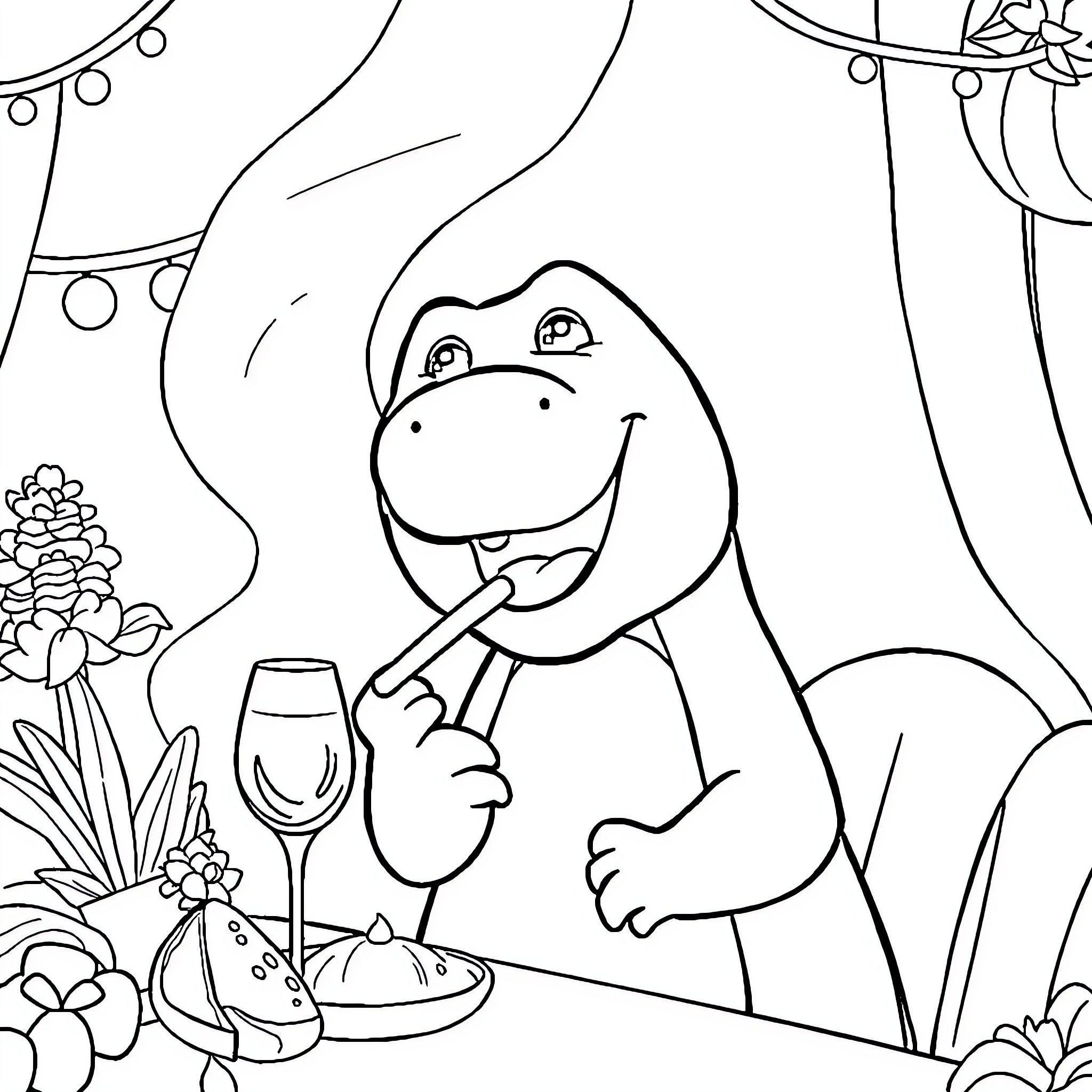 Barney enjoying a fancy dinner party Coloring Page (free black-and-white line drawing printable PDF for all, from beginners to advanced learners, including children, teens, adults, and seniors)