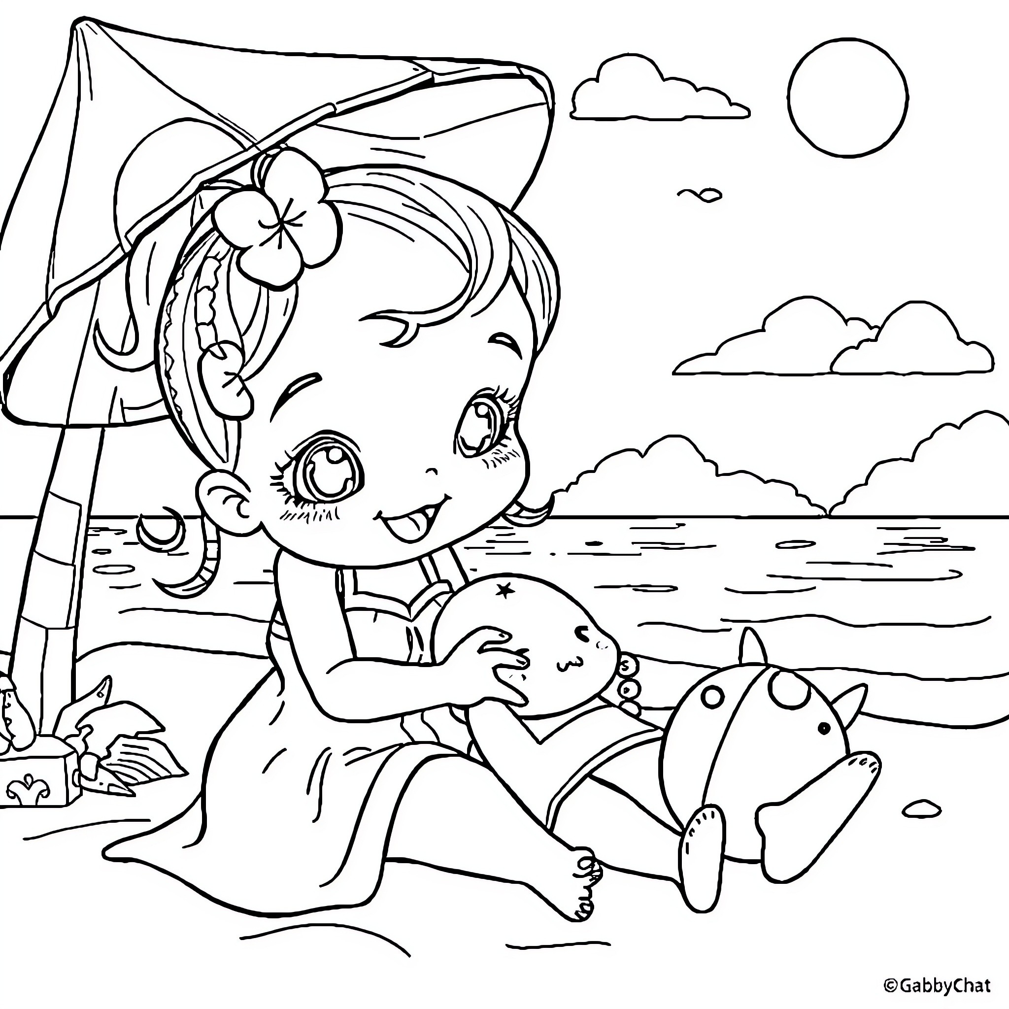 Gabbychat enjoying the beach with friends Coloring Page (free black-and-white line drawing printable PDF for all, from beginners to advanced learners, including children, teens, adults, and seniors)
