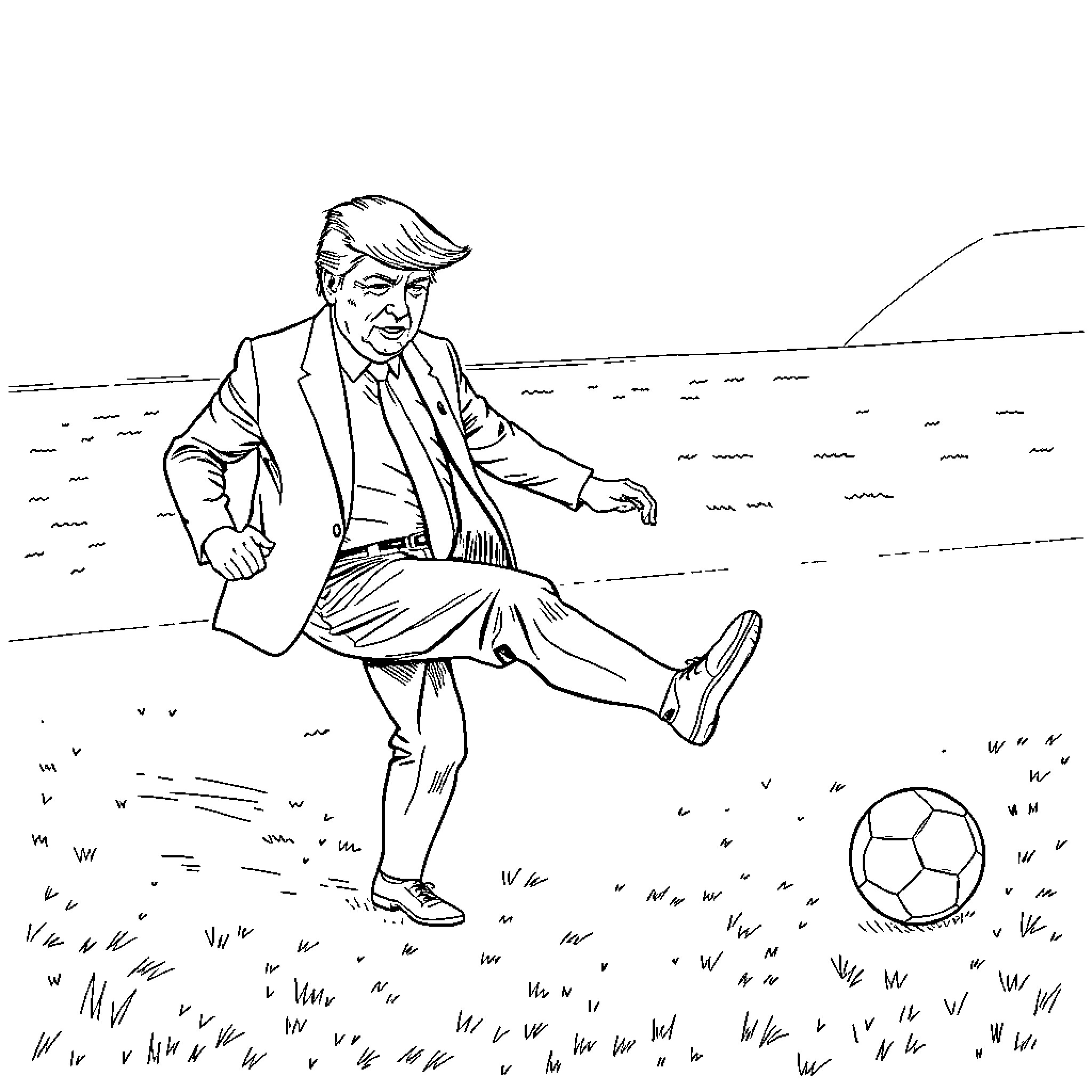 Trump playing with soccer ball on grassy field Coloring Page (free black-and-white line drawing printable PDF for all, from beginners to advanced learners, including children, teens, adults, and seniors)