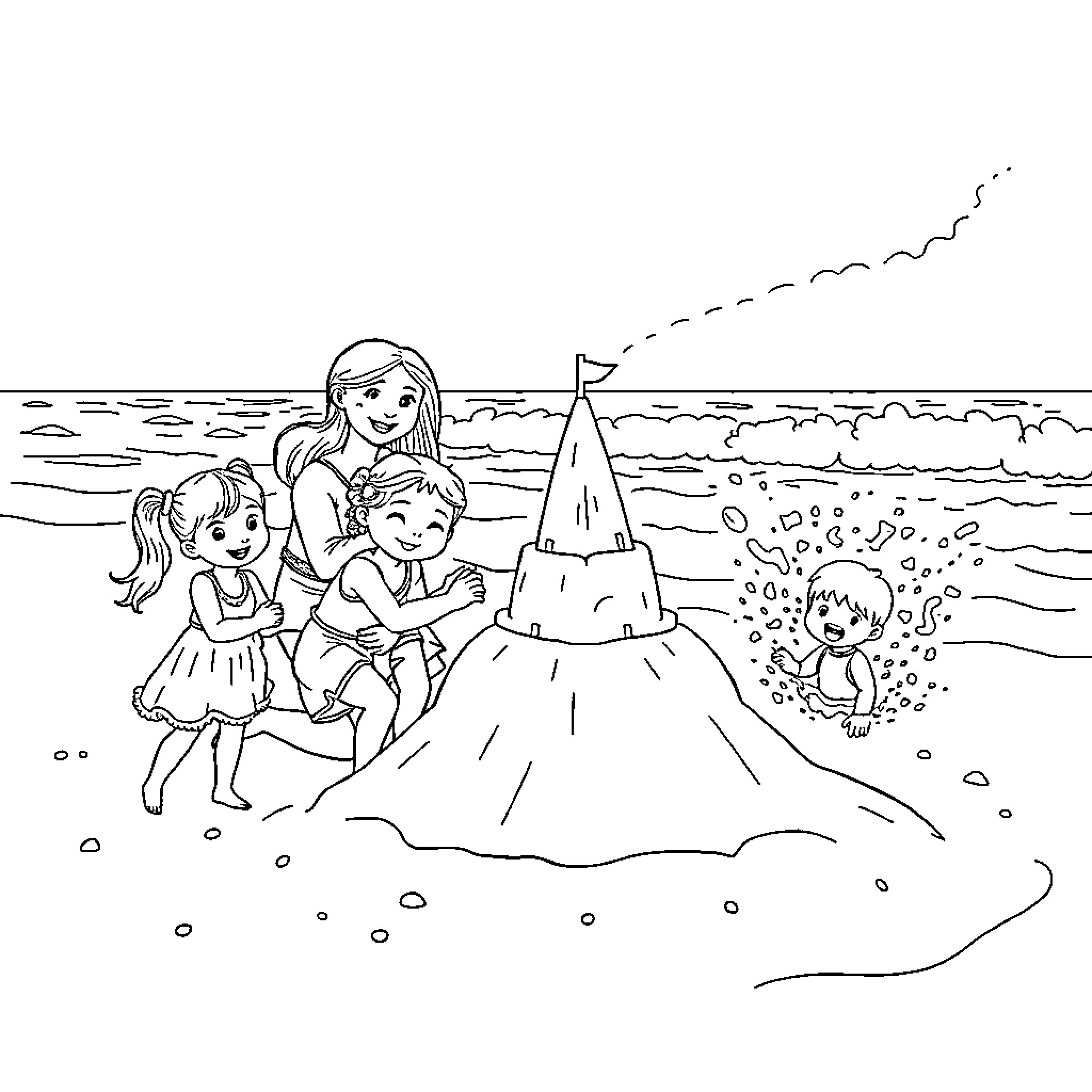 Family Enjoying a Beach Day with Sandcastle Coloring Page (free black-and-white line drawing printable PDF for all, from beginners to advanced learners, including children, teens, adults, and seniors)