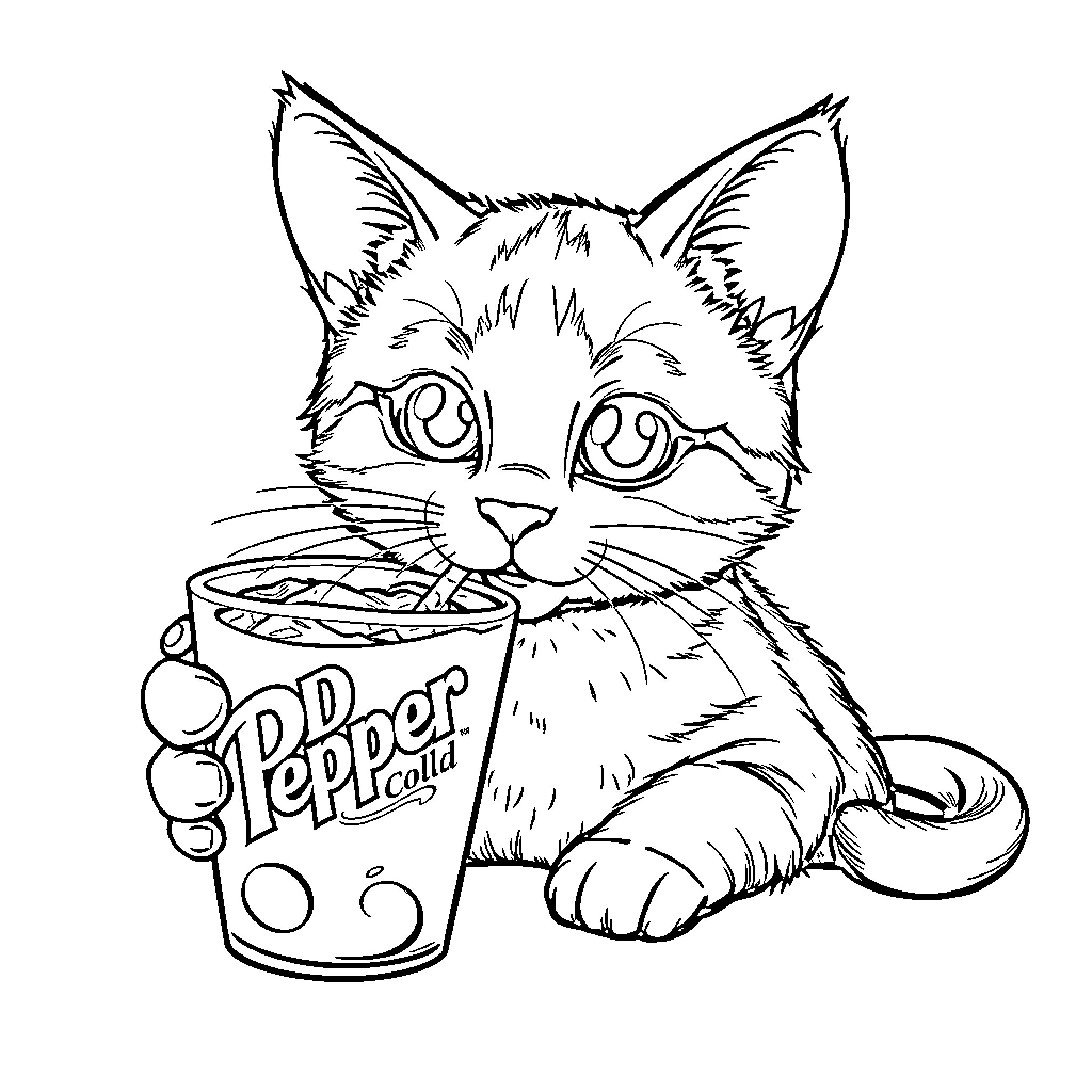 Cat enjoying a refreshing drink Coloring Page (free black-and-white line drawing printable PDF for all, from beginners to advanced learners, including children, teens, adults, and seniors)