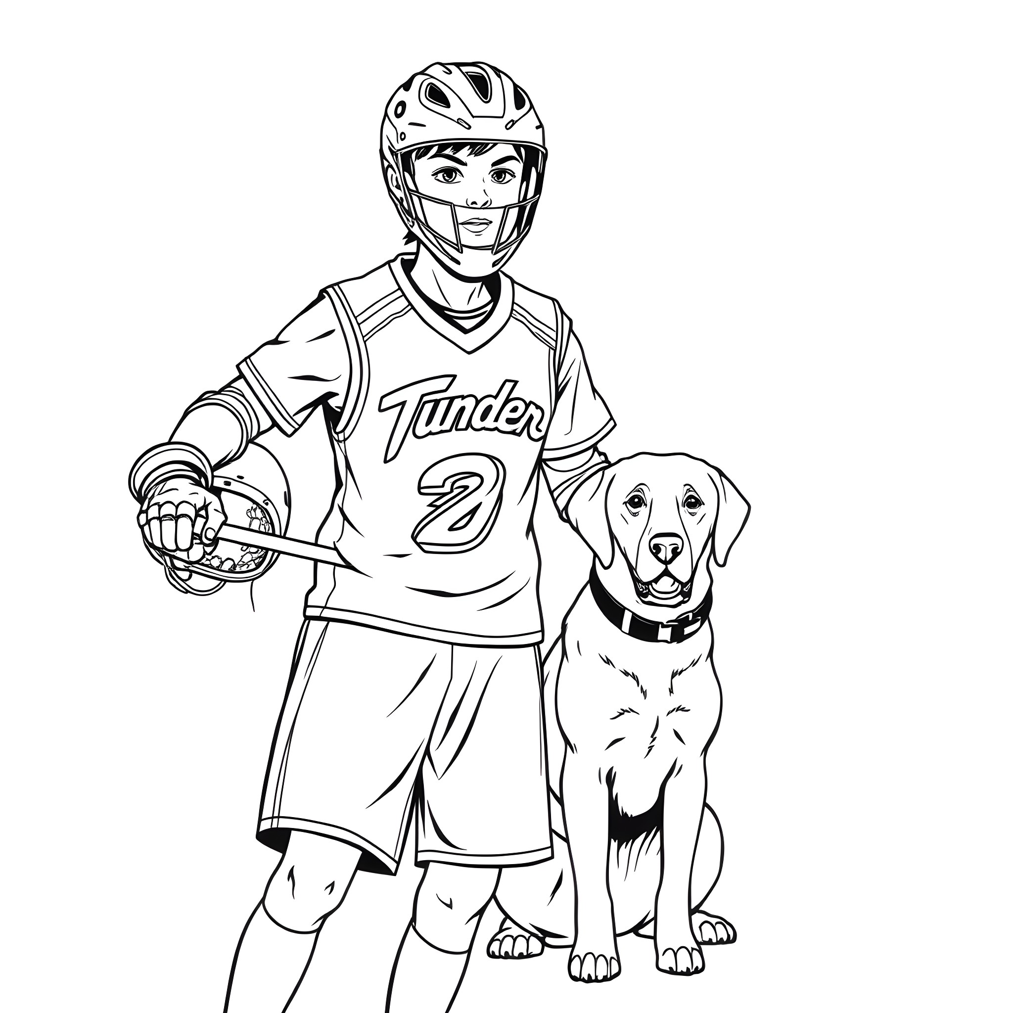 Lacrosse Player with Loyal Companion Coloring Page (free black-and-white line drawing printable PDF for all, from beginners to advanced learners, including children, teens, adults, and seniors)