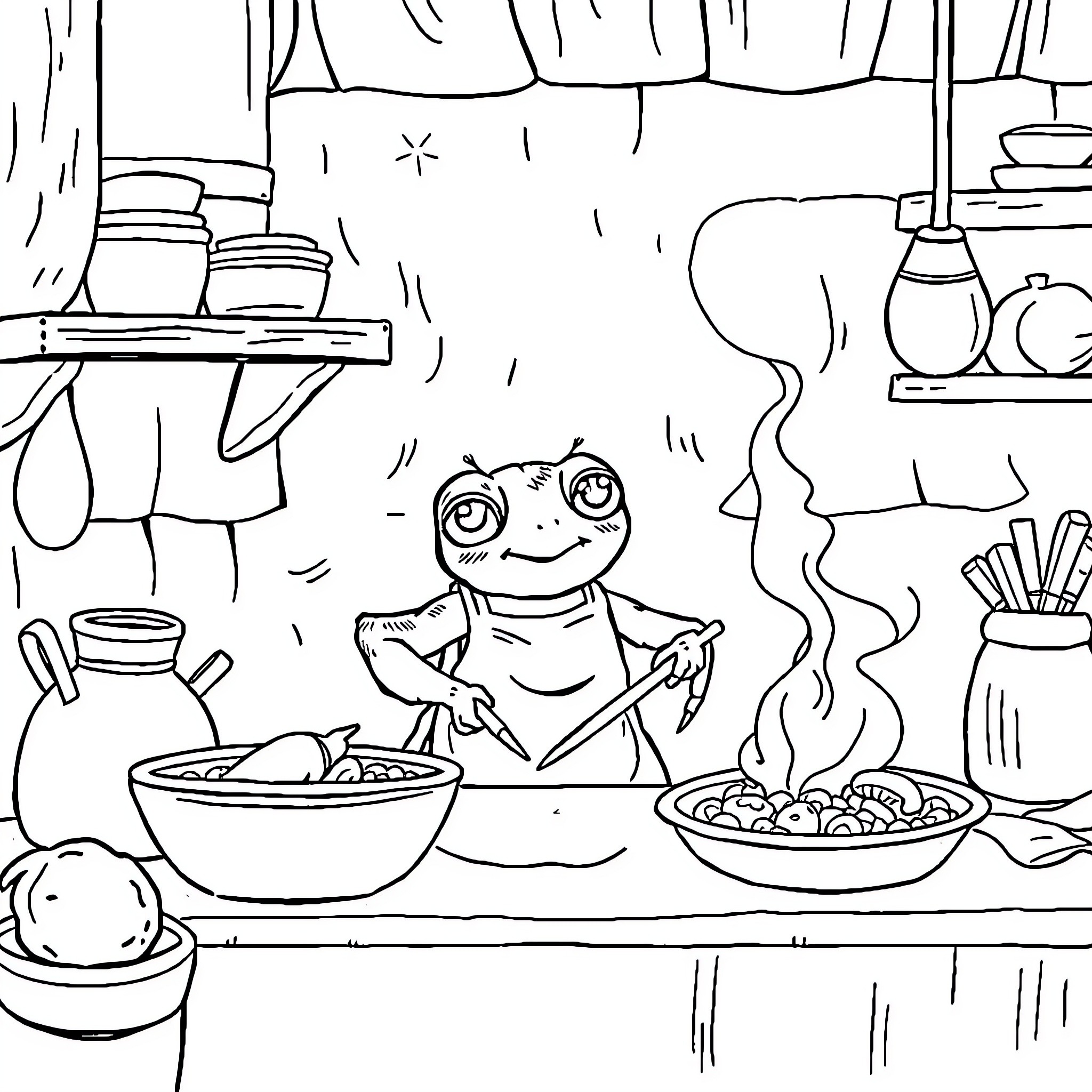 Spider cooking delicious meals in the kitchen Coloring Page (free black-and-white line drawing printable PDF for all, from beginners to advanced learners, including children, teens, adults, and seniors)