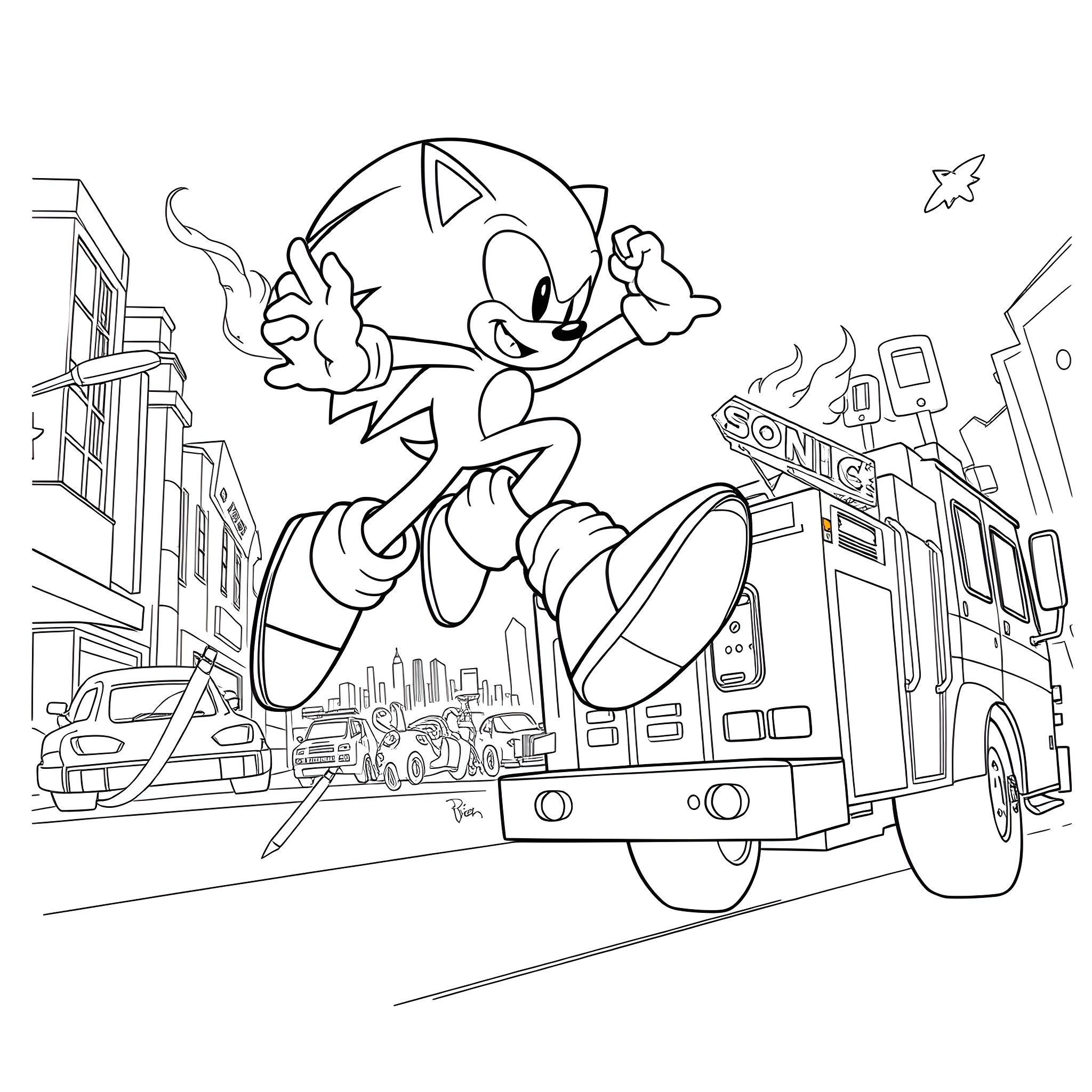Sonic racing through the city on a fire truck Coloring Page (free black-and-white line drawing printable PDF for all, from beginners to advanced learners, including children, teens, adults, and seniors)
