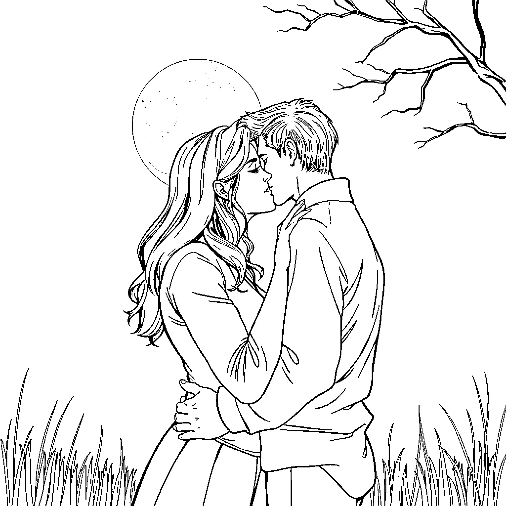 Buffy embracing her lover under the full moon Coloring Page (free black-and-white line drawing printable PDF for all, from beginners to advanced learners, including children, teens, adults, and seniors)