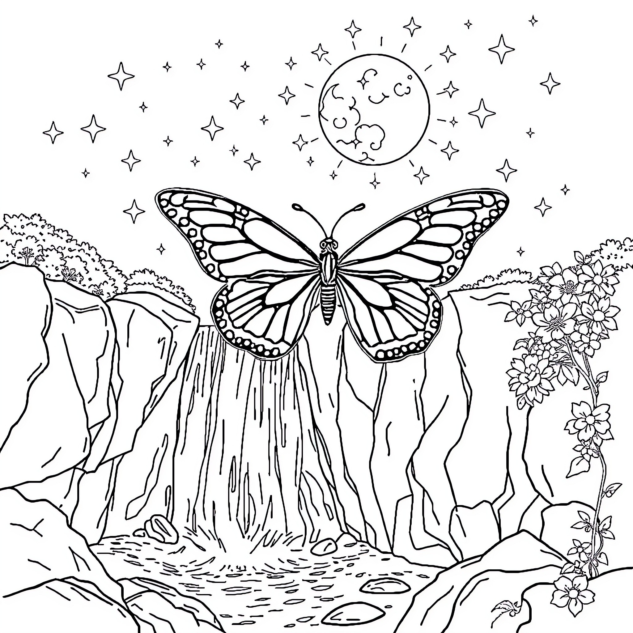 Butterfly in a magical night landscape Coloring Page (free black-and-white line drawing printable PDF for all, from beginners to advanced learners, including children, teens, adults, and seniors)