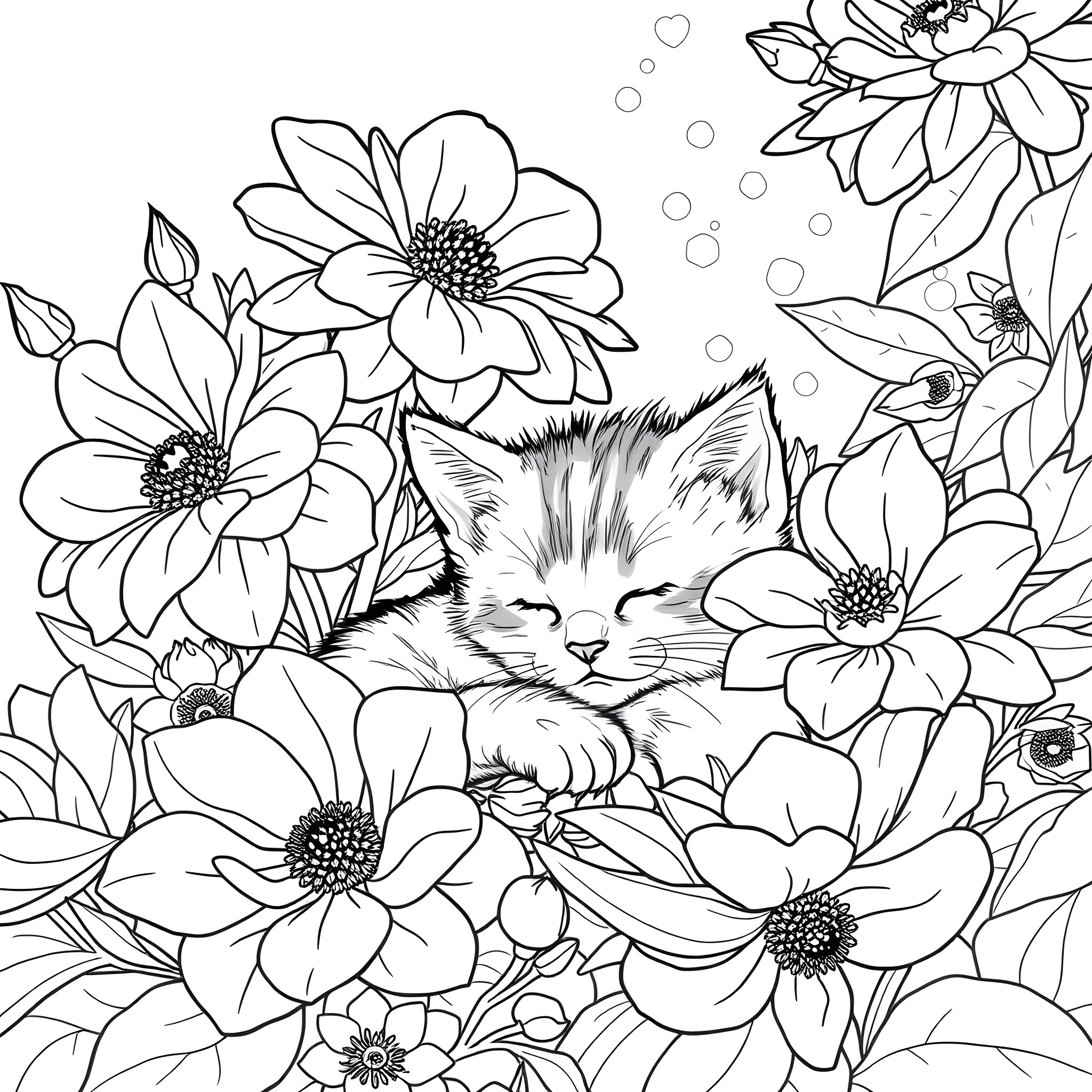 Catnap amid Blooming Flowers Coloring Page (free black-and-white line drawing printable PDF for all, from beginners to advanced learners, including children, teens, adults, and seniors)