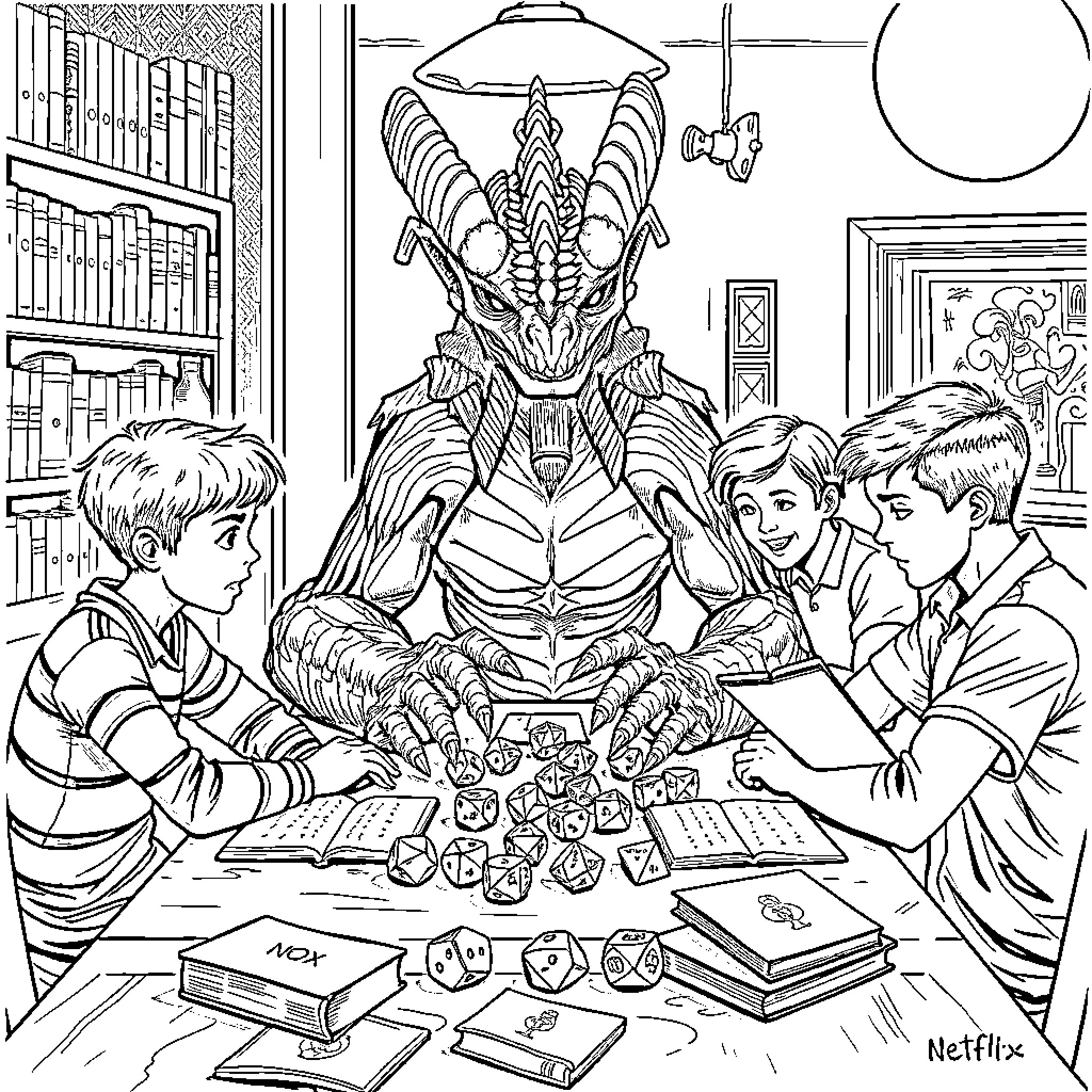 Demogorgon teaching human children in classroom Coloring Page (free black-and-white line drawing printable PDF for all, from beginners to advanced learners, including children, teens, adults, and seniors)