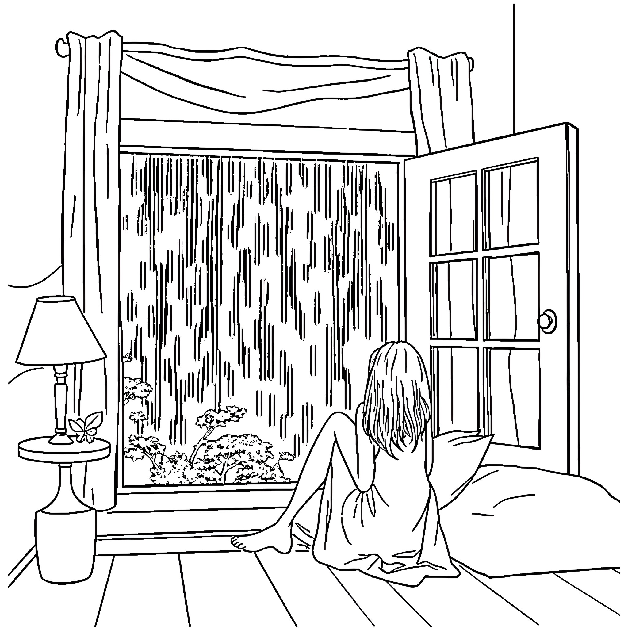 Mujer observando la lluvia por la ventana Coloring Page (free black-and-white line drawing printable PDF for all, from beginners to advanced learners, including children, teens, adults, and seniors)