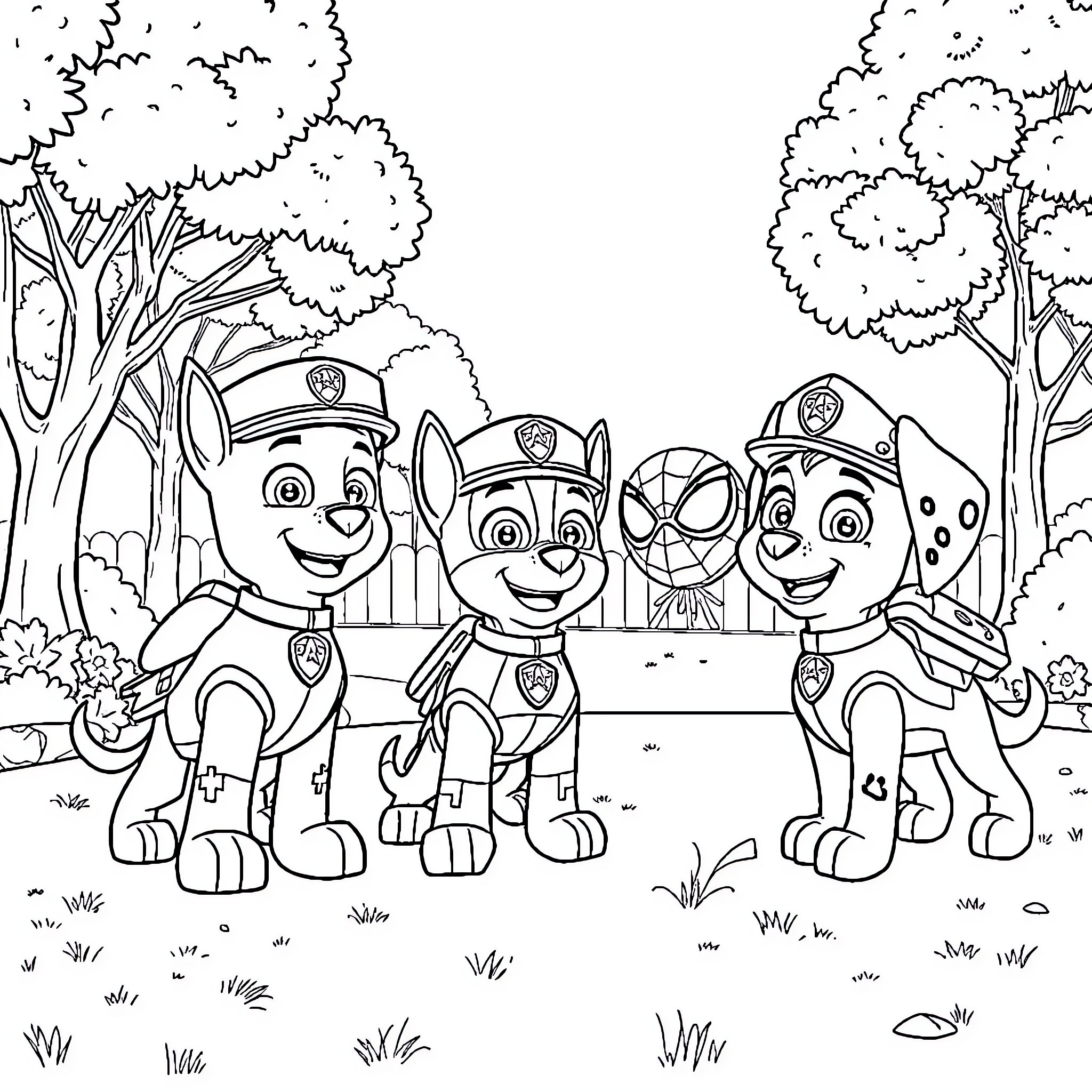 Paw Patrol characters on an adventure in the woods Coloring Page (free black-and-white line drawing printable PDF for all, from beginners to advanced learners, including children, teens, adults, and seniors)
